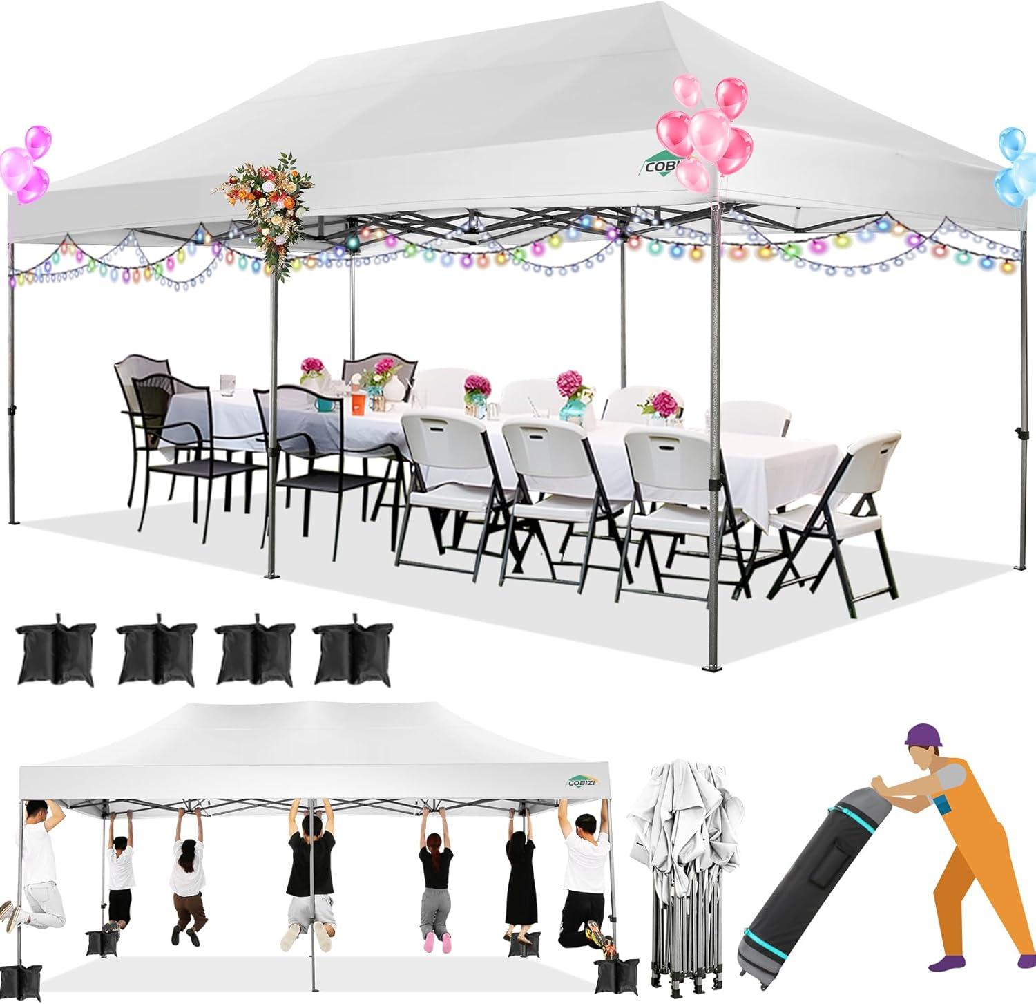 image:imageCOBIZI 10x30 Pop up Canopy Tent 10x30 Canopy with Sidewalls Heavy Duty Party Tent Tents for Parties Foldable UPF 50 Waterproof Commercial Easy up Canopy with Roller Bag BlackWindproof UpgradedWhite