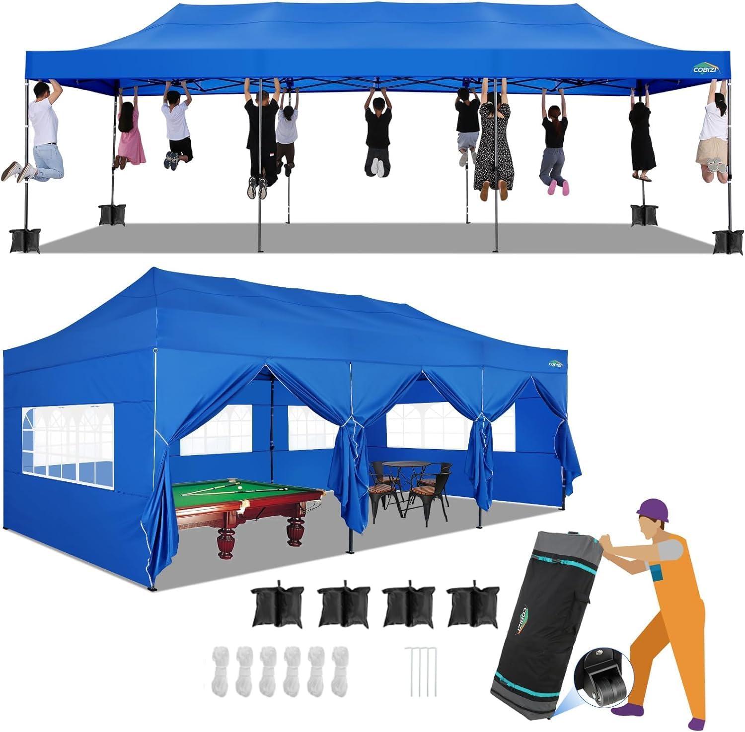 image:imageCOBIZI 10x30 Pop up Canopy Tent 10x30 Canopy with Sidewalls Heavy Duty Party Tent Tents for Parties Foldable UPF 50 Waterproof Commercial Easy up Canopy with Roller Bag BlackWindproof UpgradedBlue