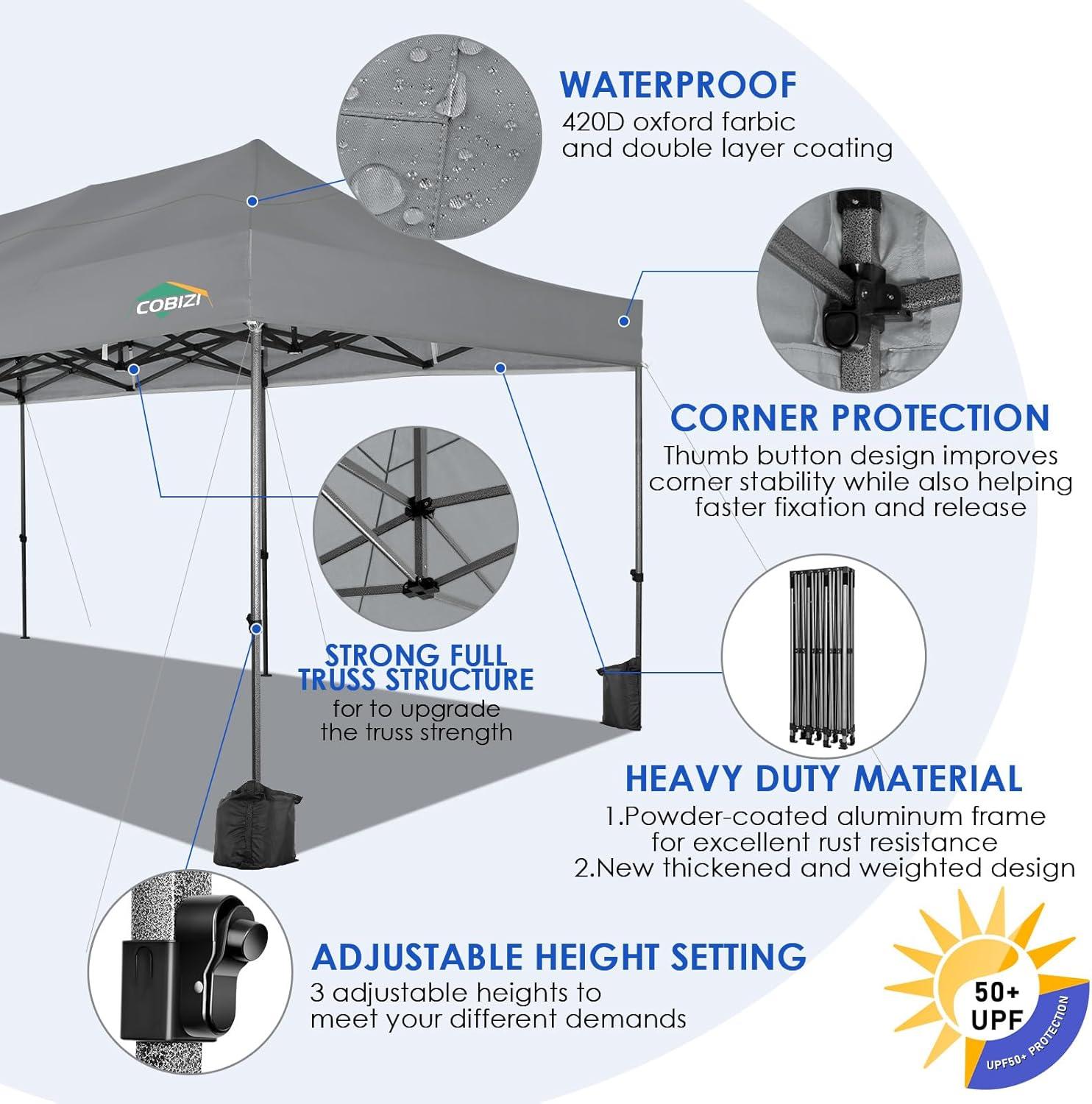 image:imageCOBIZI 10x30 Pop up Canopy Tent 10x30 Canopy with Sidewalls Heavy Duty Party Tent Tents for Parties Foldable UPF 50 Waterproof Commercial Easy up Canopy with Roller Bag BlackWindproof UpgradedLight Gray
