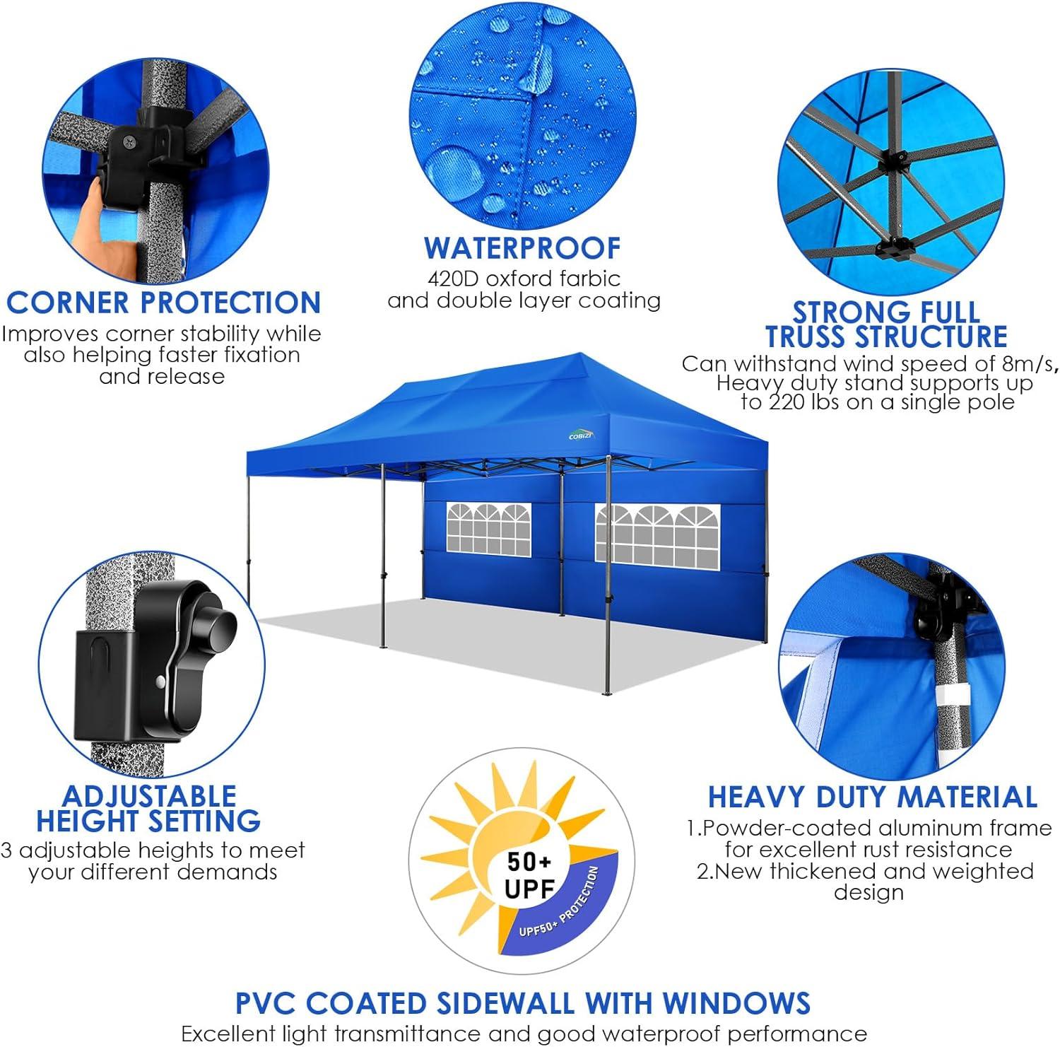 image:imageCOBIZI 10x30 Pop up Canopy Tent 10x30 Canopy with Sidewalls Heavy Duty Party Tent Tents for Parties Foldable UPF 50 Waterproof Commercial Easy up Canopy with Roller Bag BlackWindproof UpgradedBlue