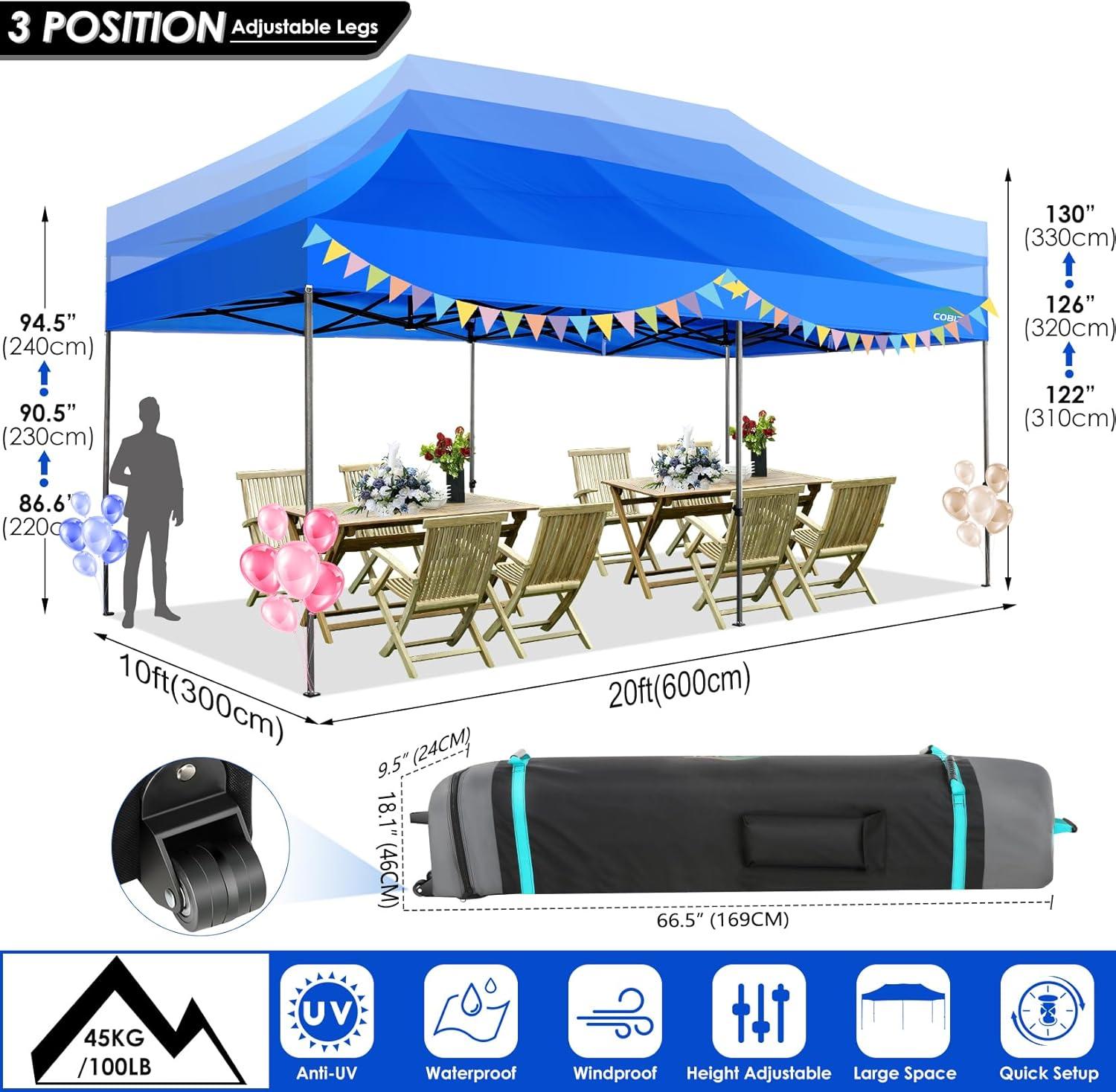 image:imageCOBIZI 10x30 Pop up Canopy Tent 10x30 Canopy with Sidewalls Heavy Duty Party Tent Tents for Parties Foldable UPF 50 Waterproof Commercial Easy up Canopy with Roller Bag BlackWindproof UpgradedBlue