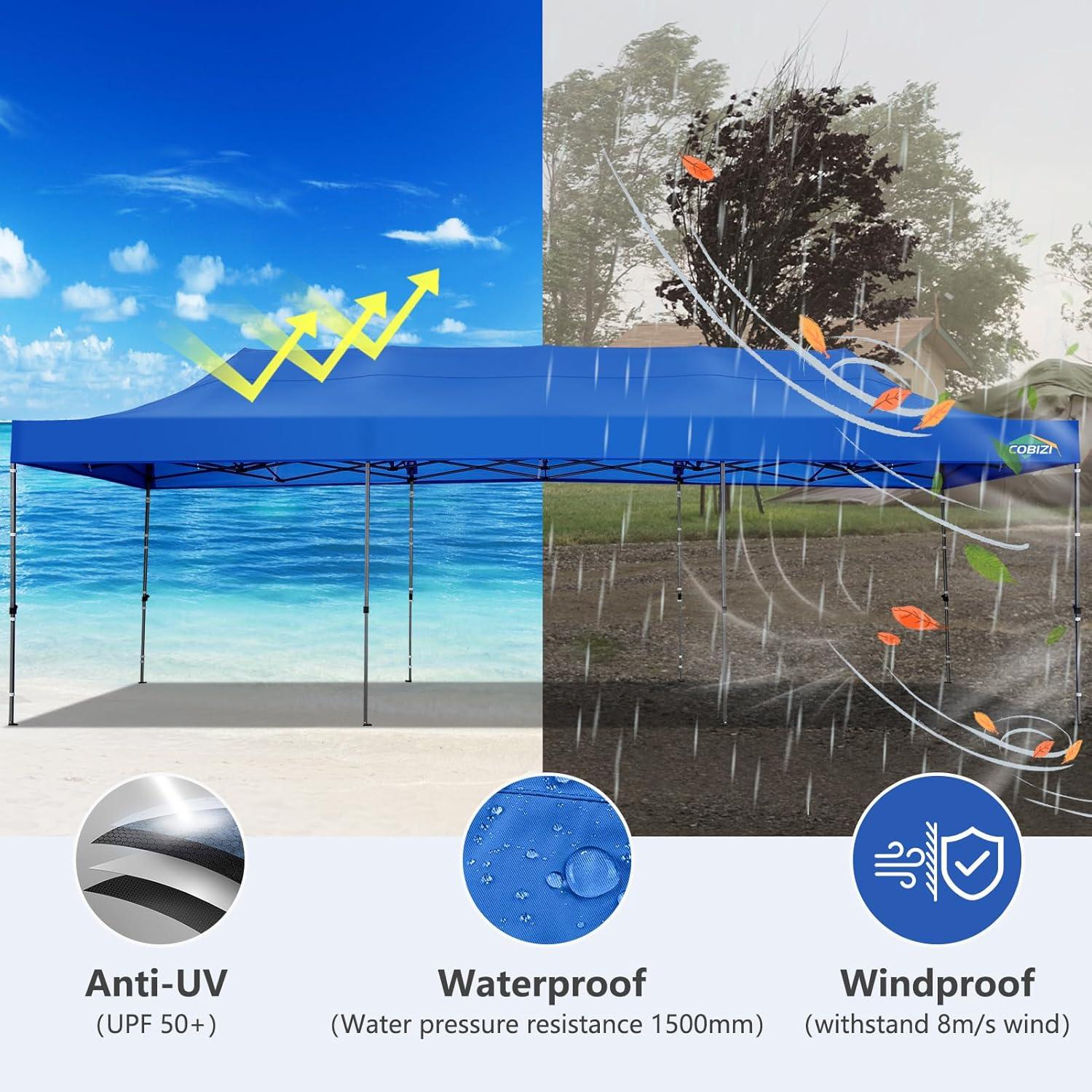 image:imageCOBIZI 10x30 Pop up Canopy Tent 10x30 Canopy with Sidewalls Heavy Duty Party Tent Tents for Parties Foldable UPF 50 Waterproof Commercial Easy up Canopy with Roller Bag BlackWindproof UpgradedBlue