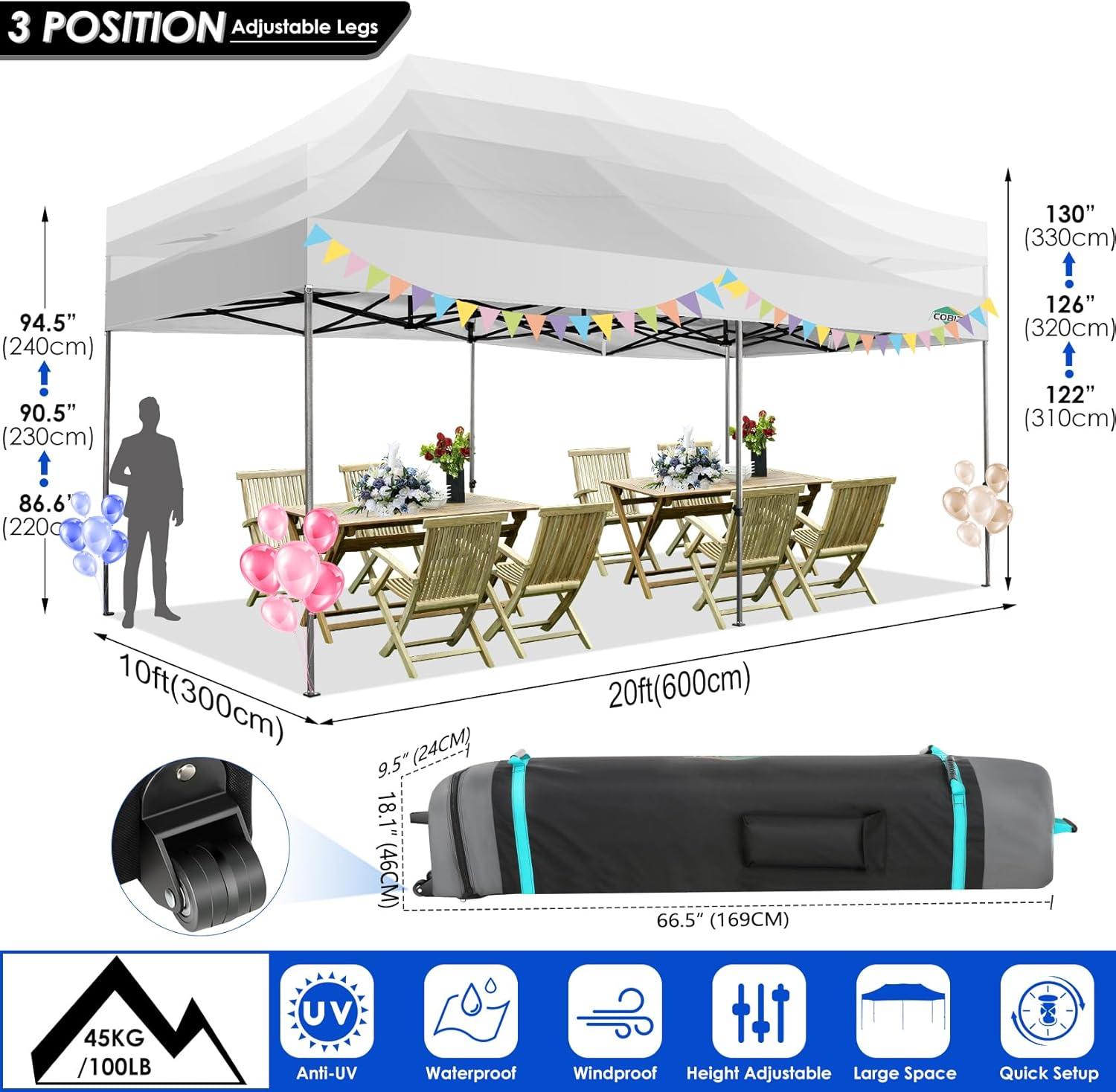 image:imageCOBIZI 10x30 Pop up Canopy Tent 10x30 Canopy with Sidewalls Heavy Duty Party Tent Tents for Parties Foldable UPF 50 Waterproof Commercial Easy up Canopy with Roller Bag BlackWindproof UpgradedWhite