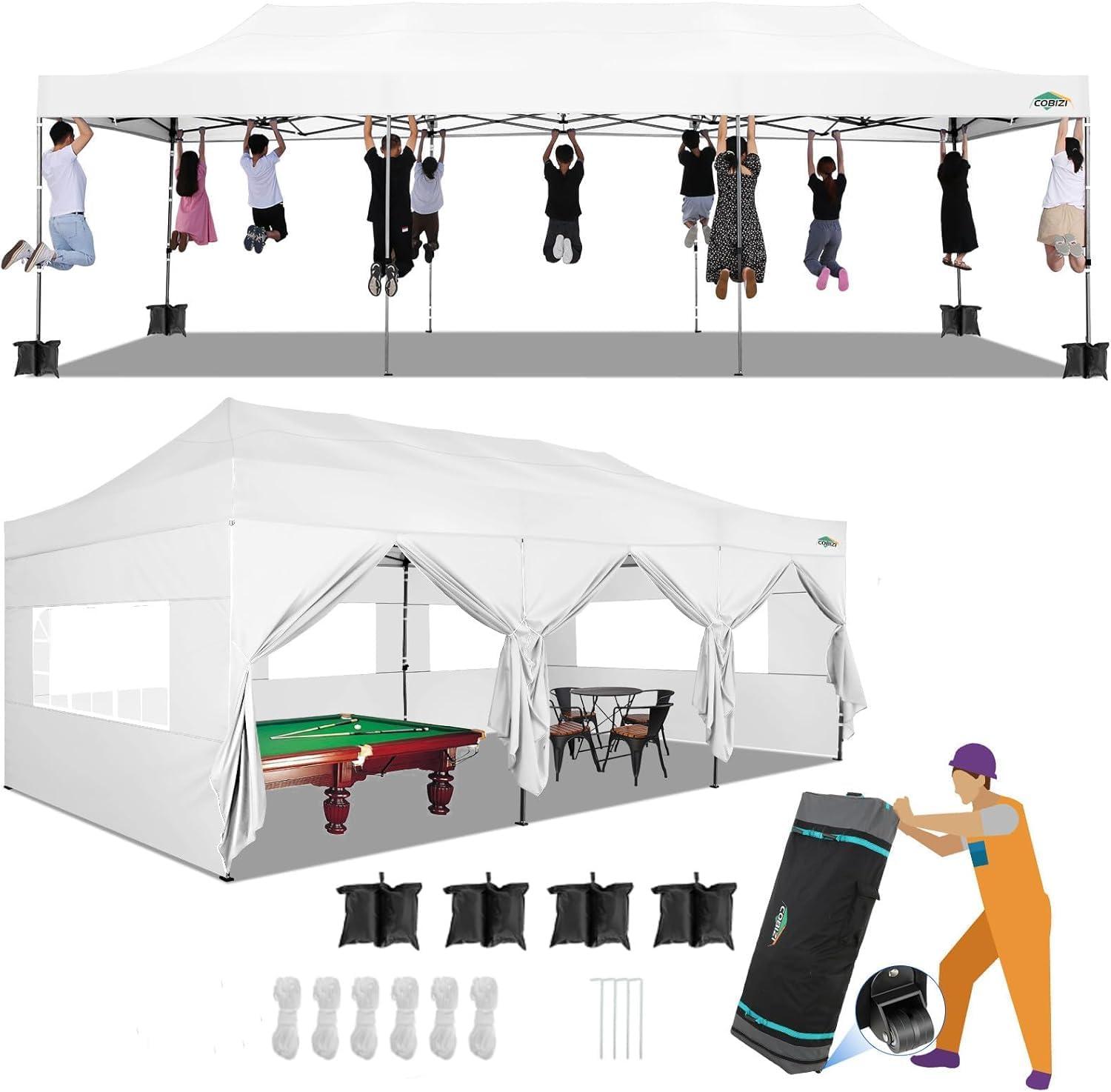 image:imageCOBIZI 10x30 Pop up Canopy Tent 10x30 Canopy with Sidewalls Heavy Duty Party Tent Tents for Parties Foldable UPF 50 Waterproof Commercial Easy up Canopy with Roller Bag BlackWindproof UpgradedMist White