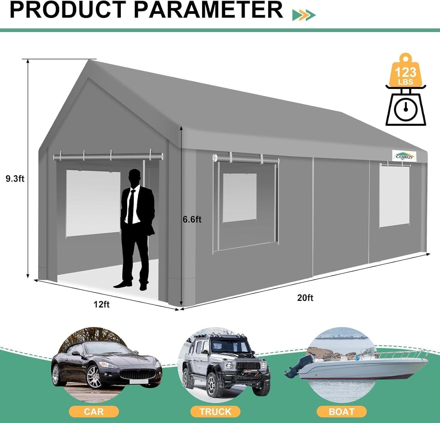 image:imageCOBIZI Carport 12x20ft Heavy Duty Portable Garage 20 Powder Coated FrameBetter Than Galvanized Waterproof Shelter with Removable Sidewalls amp Windows Builtin Sandbags for CarBoatSUV Gray