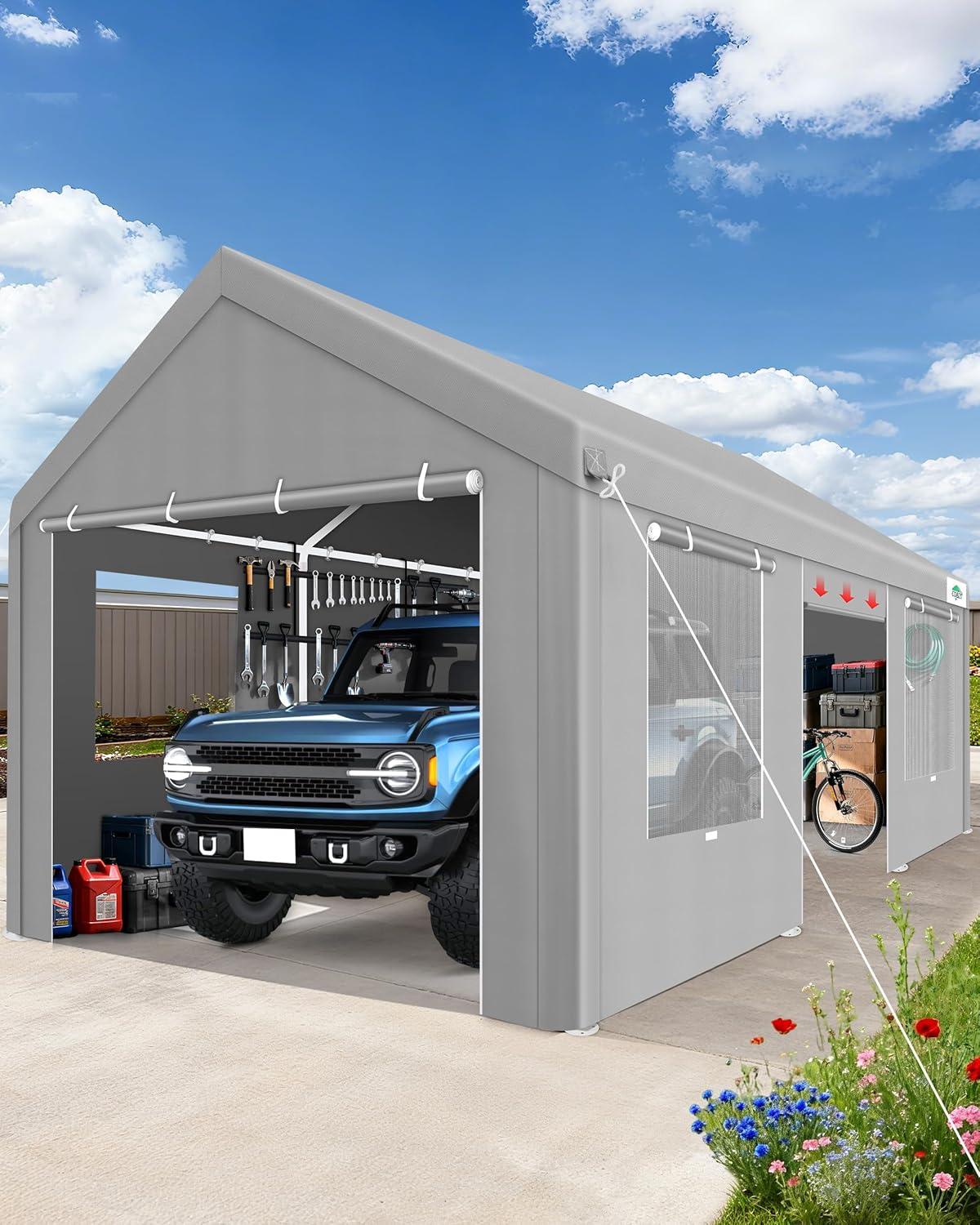 image:imageCOBIZI Carport 12x20ft Heavy Duty Portable Garage 20 Powder Coated FrameBetter Than Galvanized Waterproof Shelter with Removable Sidewalls amp Windows Builtin Sandbags for CarBoatSUV Gray