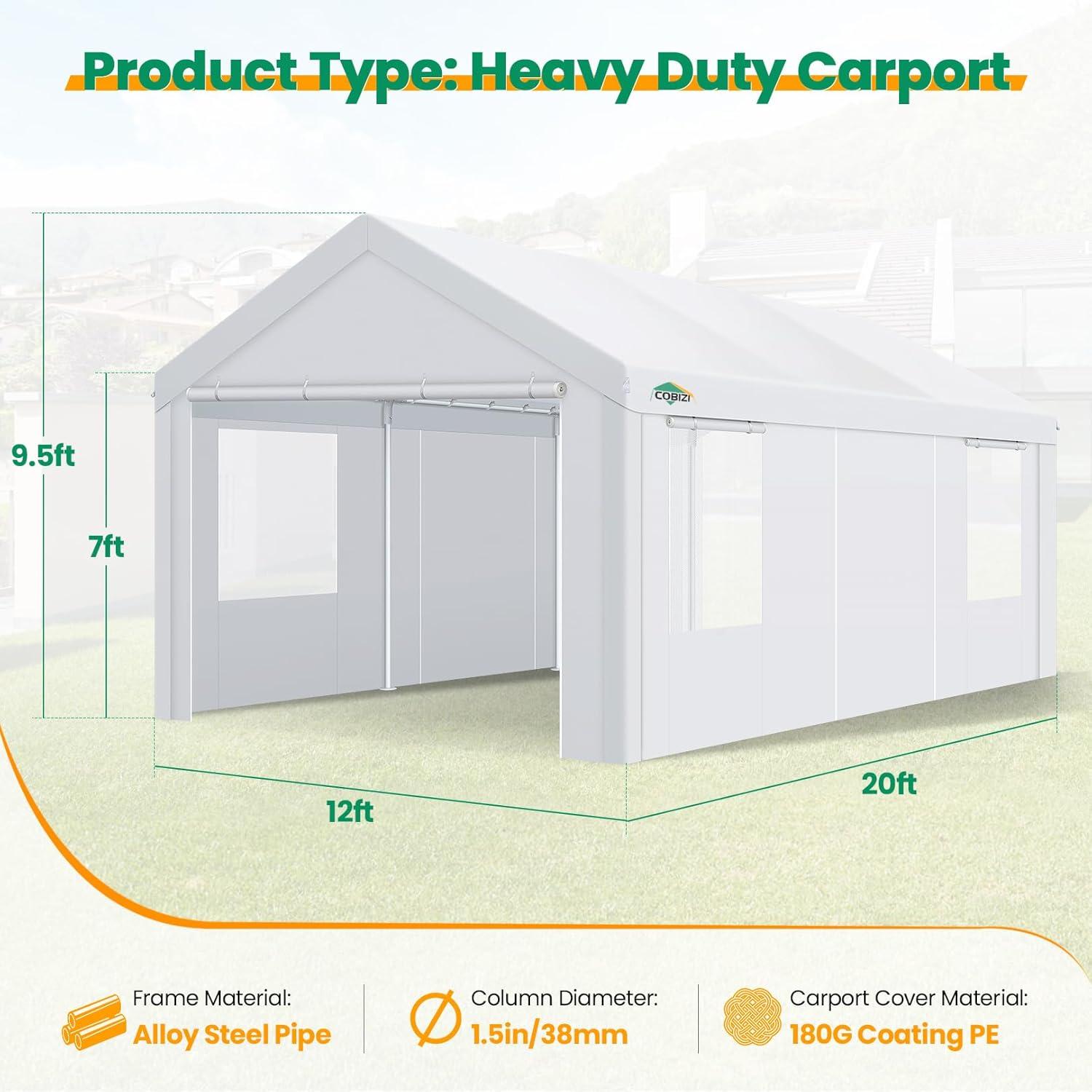 image:imageCOBIZI Carport Canopy 12x20 Heavy Duty Portable Garage AllSeason Portable Car Ports amp Outdoor Storage Shed Galvanized Frame Vehicle Shelter with Removable Doors and VentsClassic White