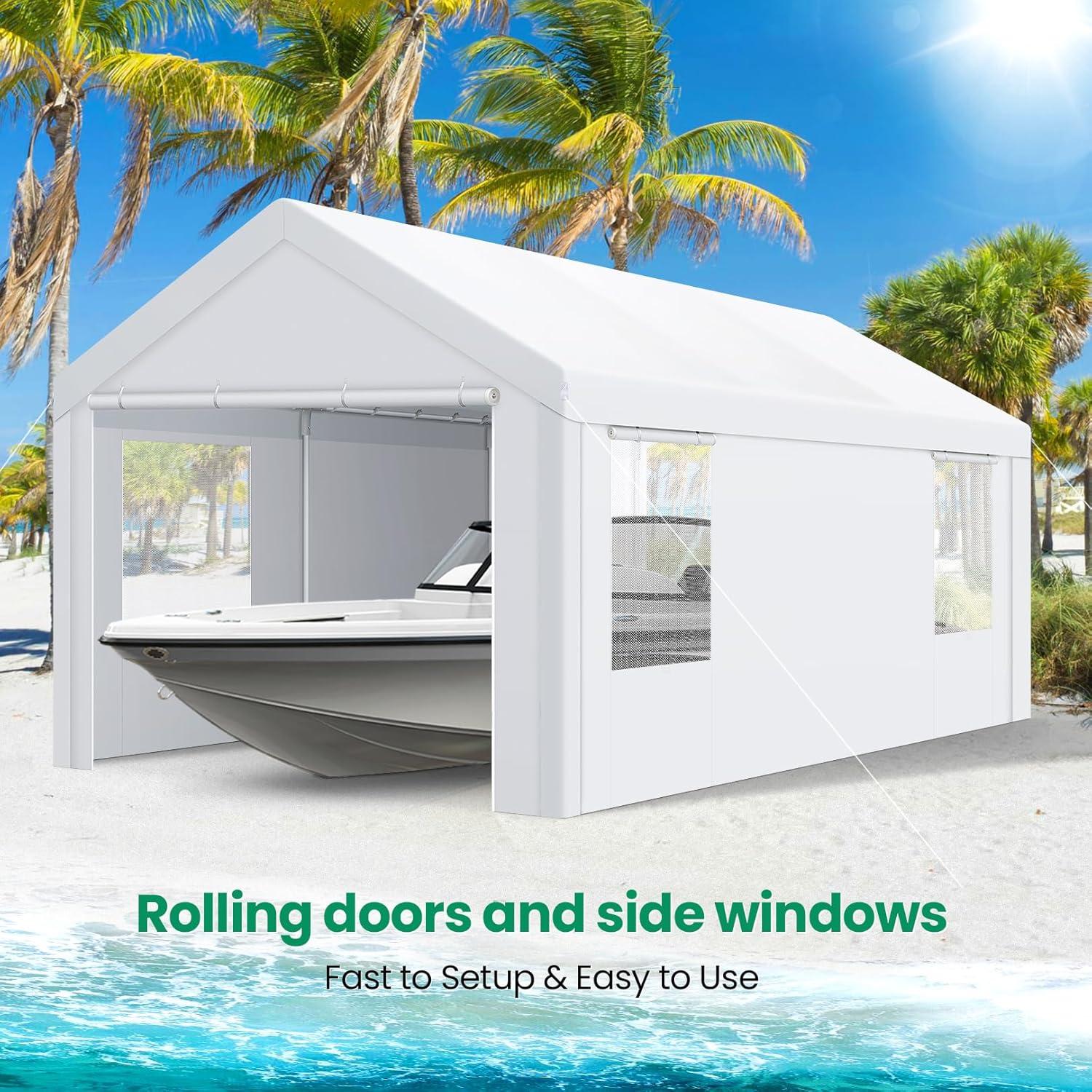 image:imageCOBIZI Carport Canopy 12x20 Heavy Duty Portable Garage AllSeason Portable Car Ports amp Outdoor Storage Shed Galvanized Frame Vehicle Shelter with Removable Doors and VentsClassic White