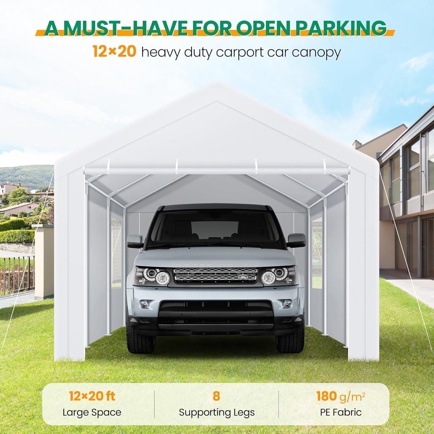 image:imageCOBIZI Carport Canopy 12x20 Heavy Duty Portable Garage AllSeason Portable Car Ports amp Outdoor Storage Shed Galvanized Frame Vehicle Shelter with Removable Doors and VentsClassic White