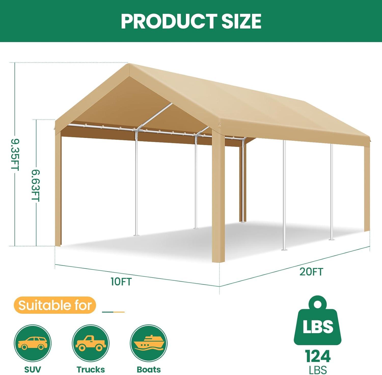 image:imageCOBIZI Carport Canopy 12x20 Heavy Duty Portable Garage AllSeason Portable Car Ports amp Outdoor Storage Shed Galvanized Frame Vehicle Shelter with Removable Doors and VentsKhaki