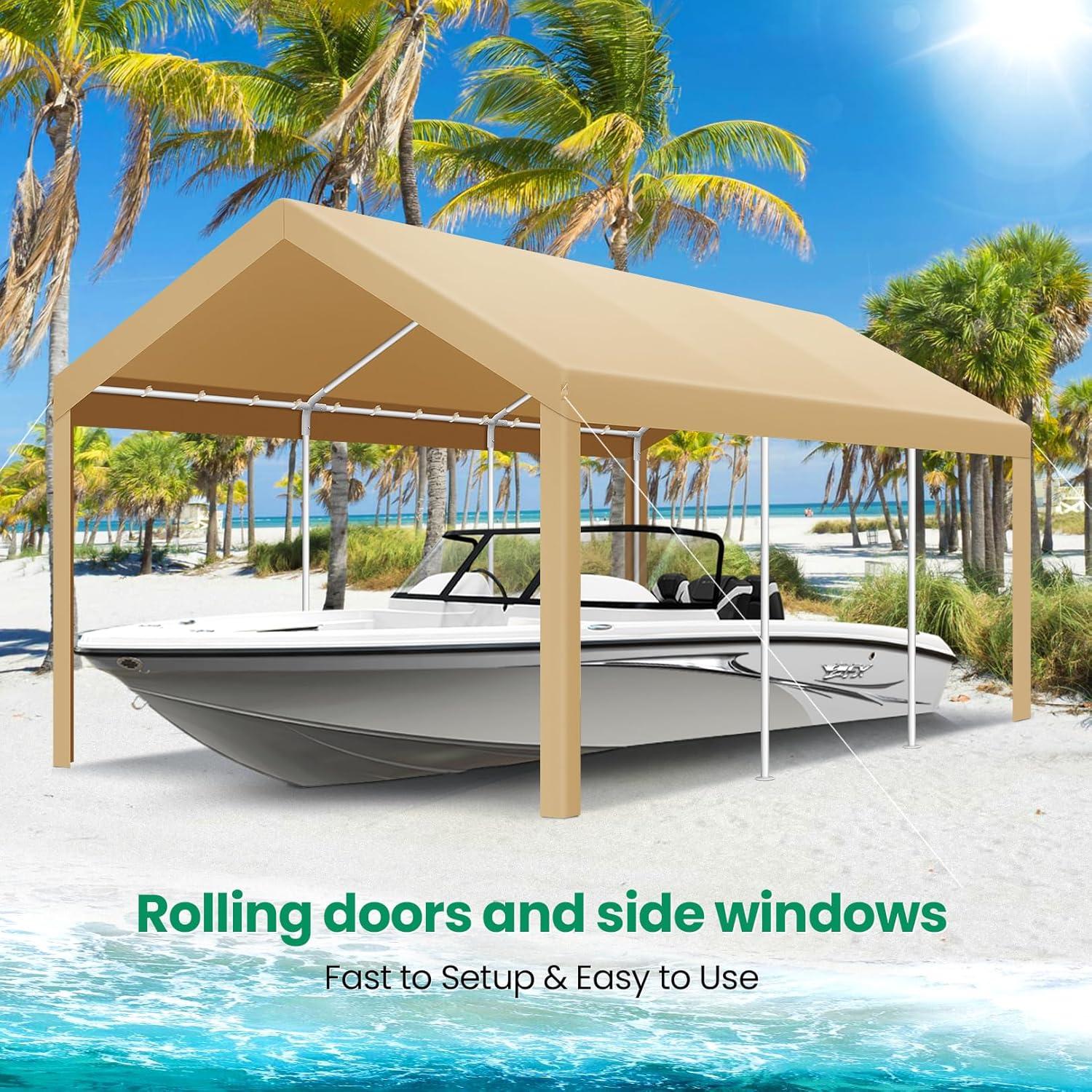 image:imageCOBIZI Carport Canopy 12x20 Heavy Duty Portable Garage AllSeason Portable Car Ports amp Outdoor Storage Shed Galvanized Frame Vehicle Shelter with Removable Doors and VentsKhaki