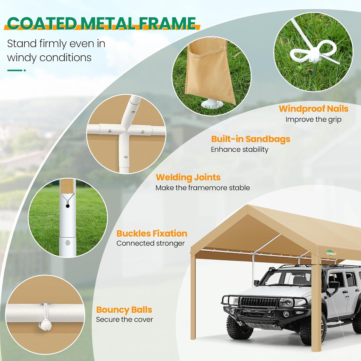 image:imageCOBIZI Carport Canopy 12x20 Heavy Duty Portable Garage AllSeason Portable Car Ports amp Outdoor Storage Shed Galvanized Frame Vehicle Shelter with Removable Doors and VentsKhaki