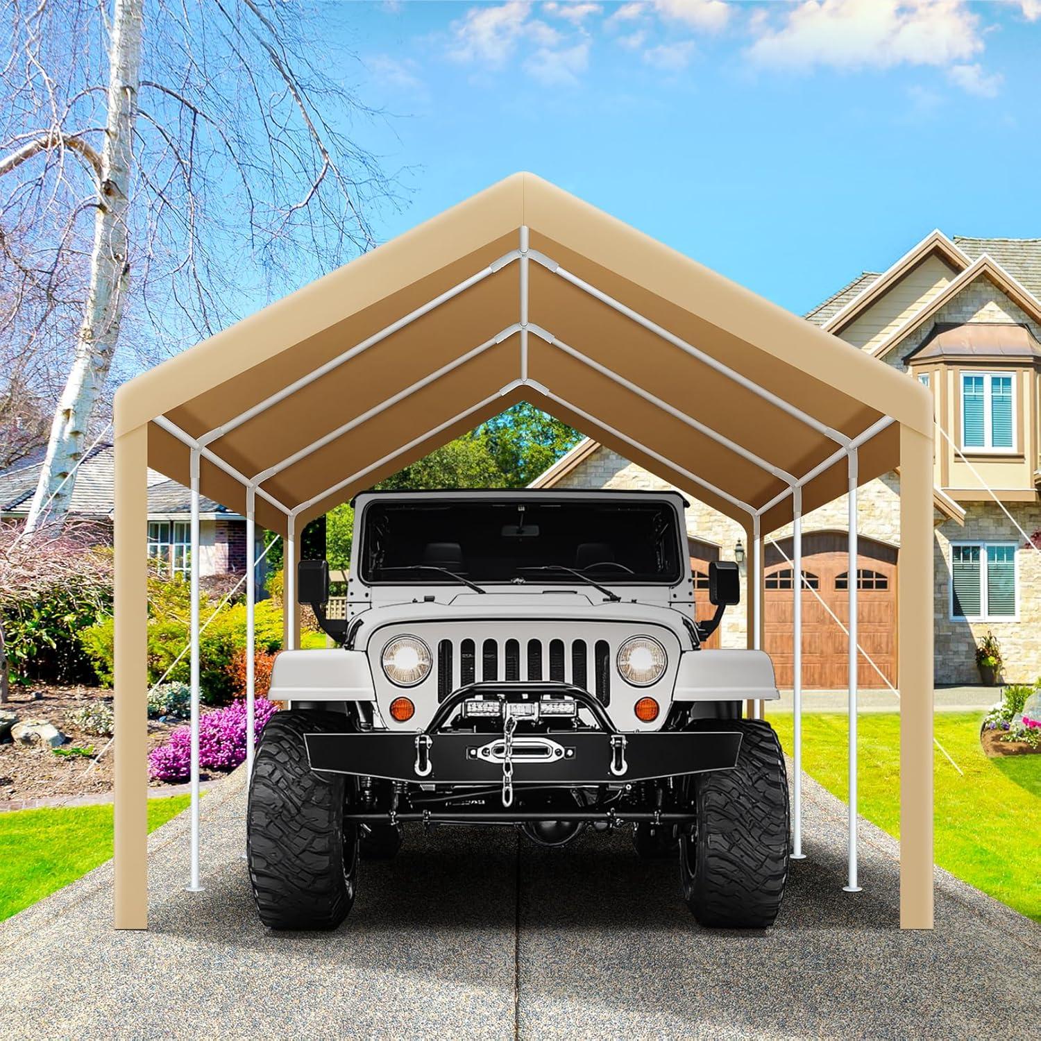 image:imageCOBIZI Carport Canopy 12x20 Heavy Duty Portable Garage AllSeason Portable Car Ports amp Outdoor Storage Shed Galvanized Frame Vehicle Shelter with Removable Doors and VentsKhaki