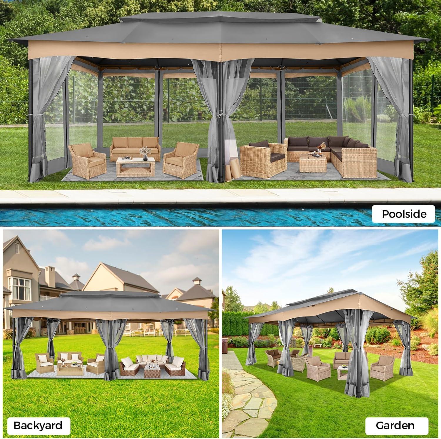 image:imageCOBIZI Gazebo 12x20 Heavy Duty Gazebo with Curtain and Netting Outdoor Gazebo Double Roof Patio Gazebo with Metal Steel Frame Gazebo Tent for Patio Deck Backyard Grey Flat Top Netting