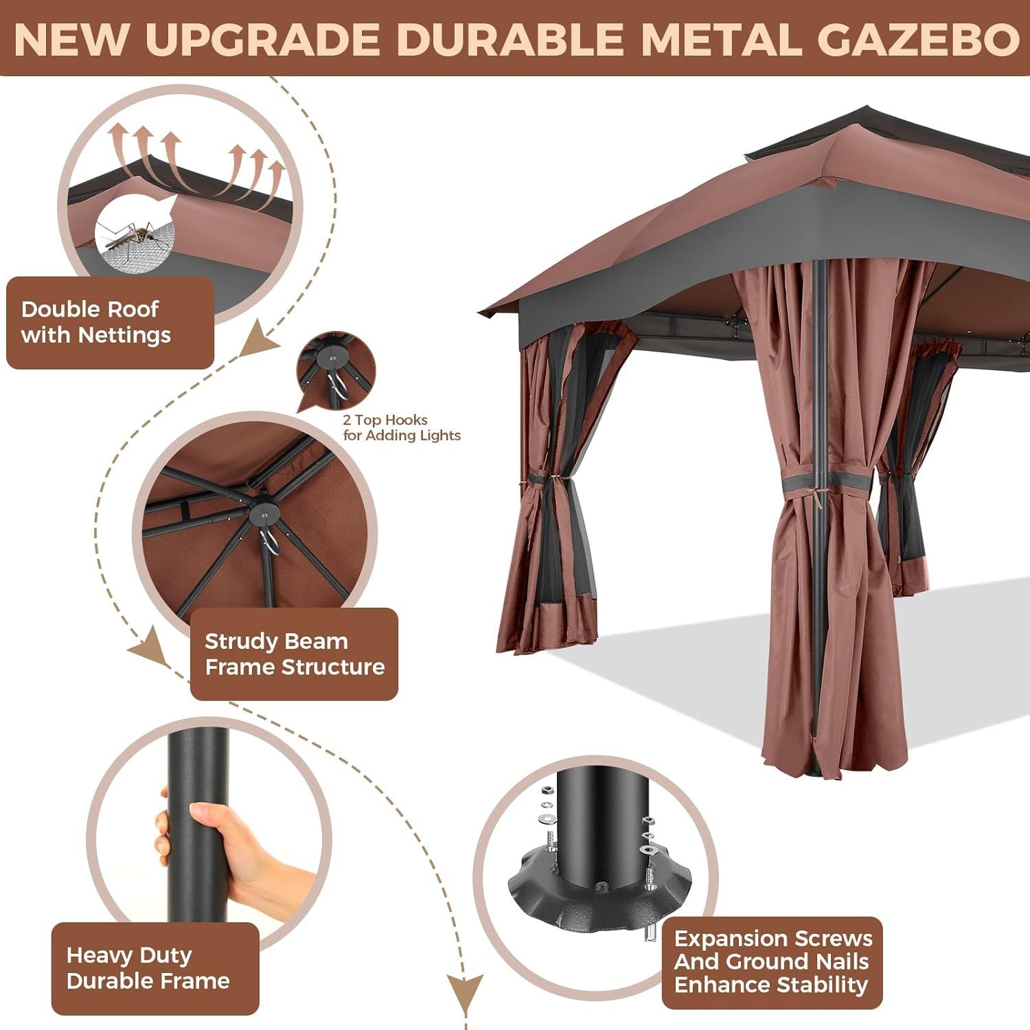 image:imageCOBIZI Gazebo 12x20 Heavy Duty Gazebo with Curtain and Netting Outdoor Gazebo Double Roof Patio Gazebo with Metal Steel Frame Gazebo Tent for Patio Deck Backyard Brown Arc Top Curtain amp Netting