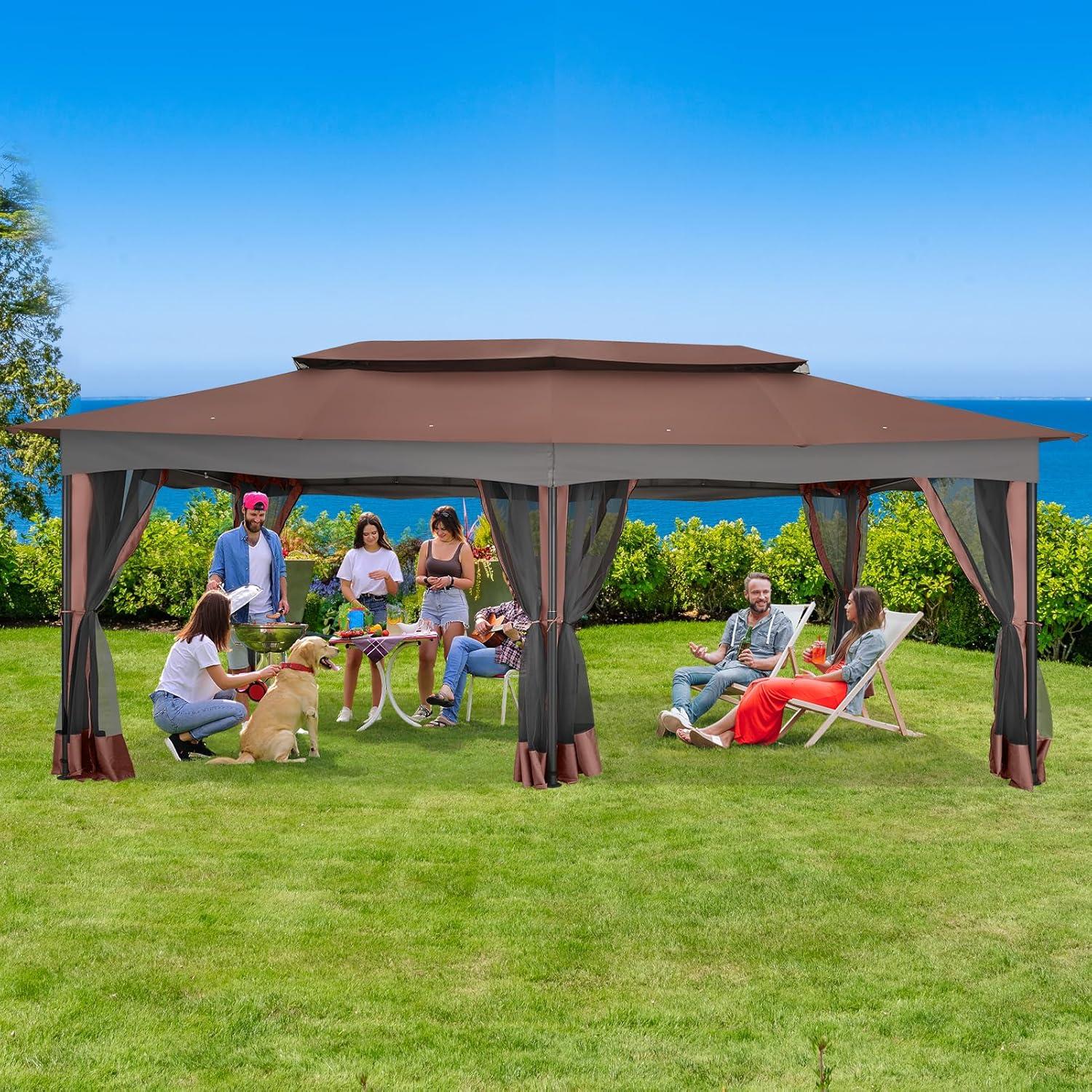 image:imageCOBIZI Gazebo 12x20 Heavy Duty Gazebo with Curtain and Netting Outdoor Gazebo Double Roof Patio Gazebo with Metal Steel Frame Gazebo Tent for Patio Deck Backyard Brown Flat Top Nettings
