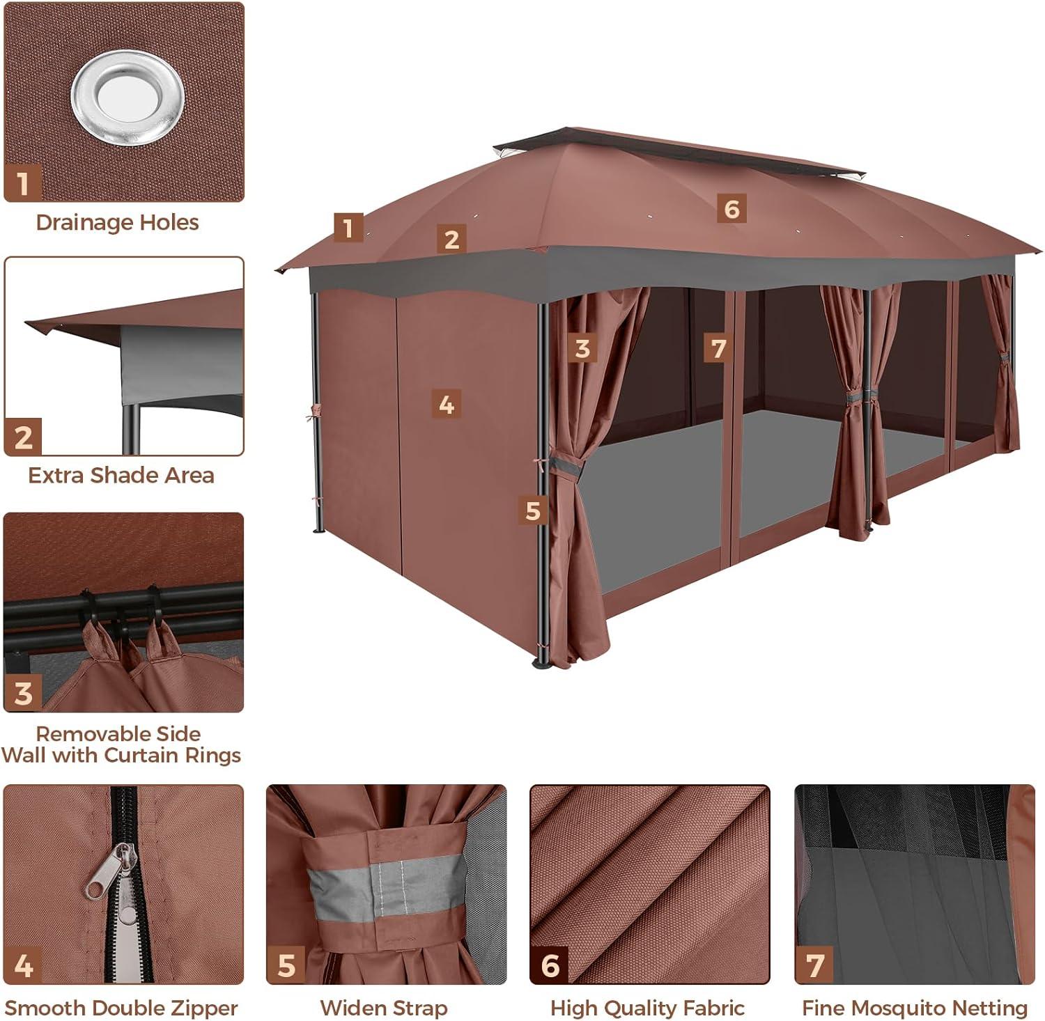 image:imageCOBIZI Gazebo 12x20 Heavy Duty Gazebo with Curtain and Netting Outdoor Gazebo Double Roof Patio Gazebo with Metal Steel Frame Gazebo Tent for Patio Deck Backyard Brown Arc Top Curtain amp Netting