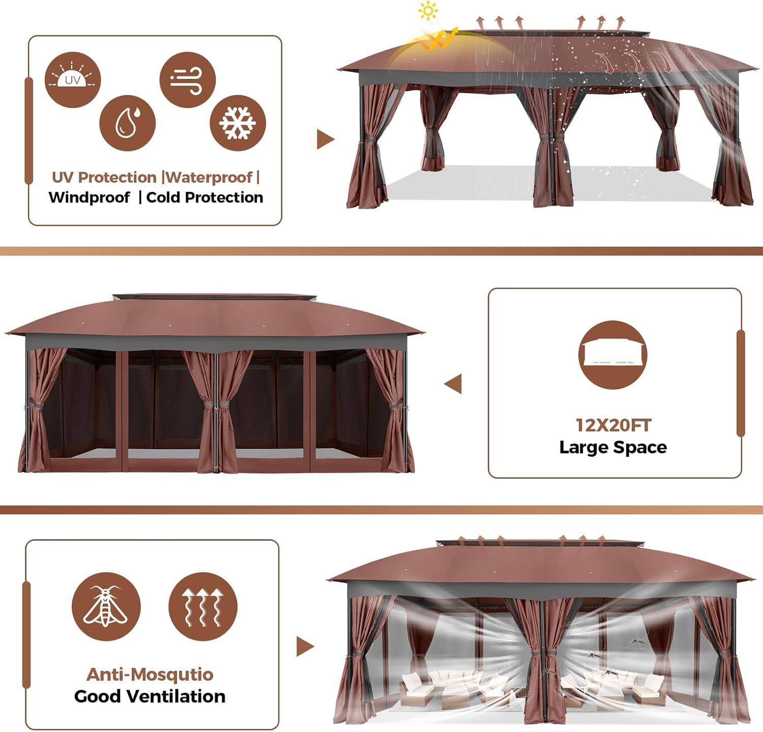image:imageCOBIZI Gazebo 12x20 Heavy Duty Gazebo with Curtain and Netting Outdoor Gazebo Double Roof Patio Gazebo with Metal Steel Frame Gazebo Tent for Patio Deck Backyard Brown Arc Top Curtain amp Netting