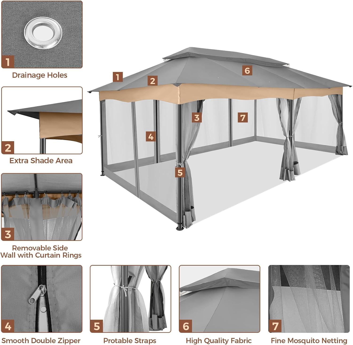 image:imageCOBIZI Gazebo 12x20 Heavy Duty Gazebo with Curtain and Netting Outdoor Gazebo Double Roof Patio Gazebo with Metal Steel Frame Gazebo Tent for Patio Deck Backyard Grey Flat Top Netting