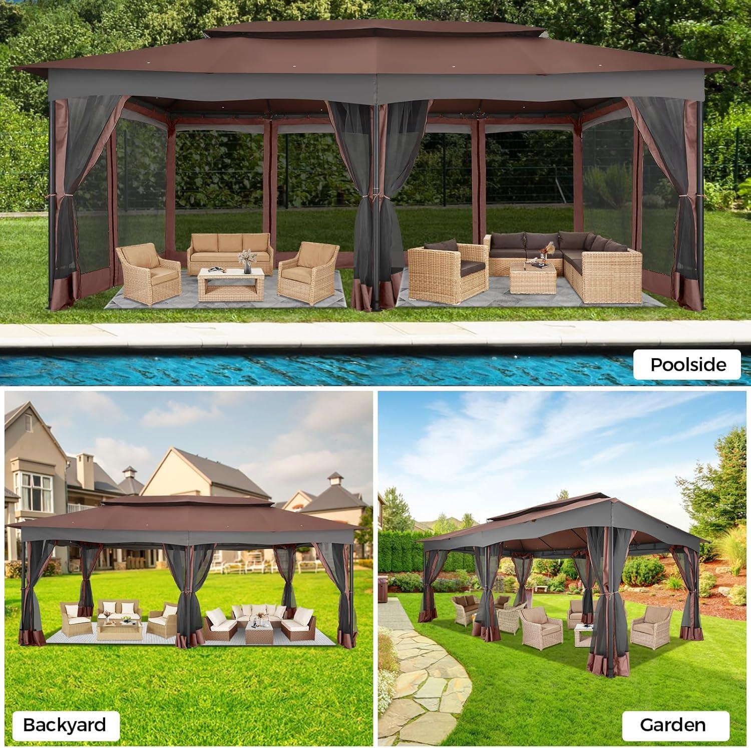 image:imageCOBIZI Gazebo 12x20 Heavy Duty Gazebo with Curtain and Netting Outdoor Gazebo Double Roof Patio Gazebo with Metal Steel Frame Gazebo Tent for Patio Deck Backyard Brown Flat Top Nettings