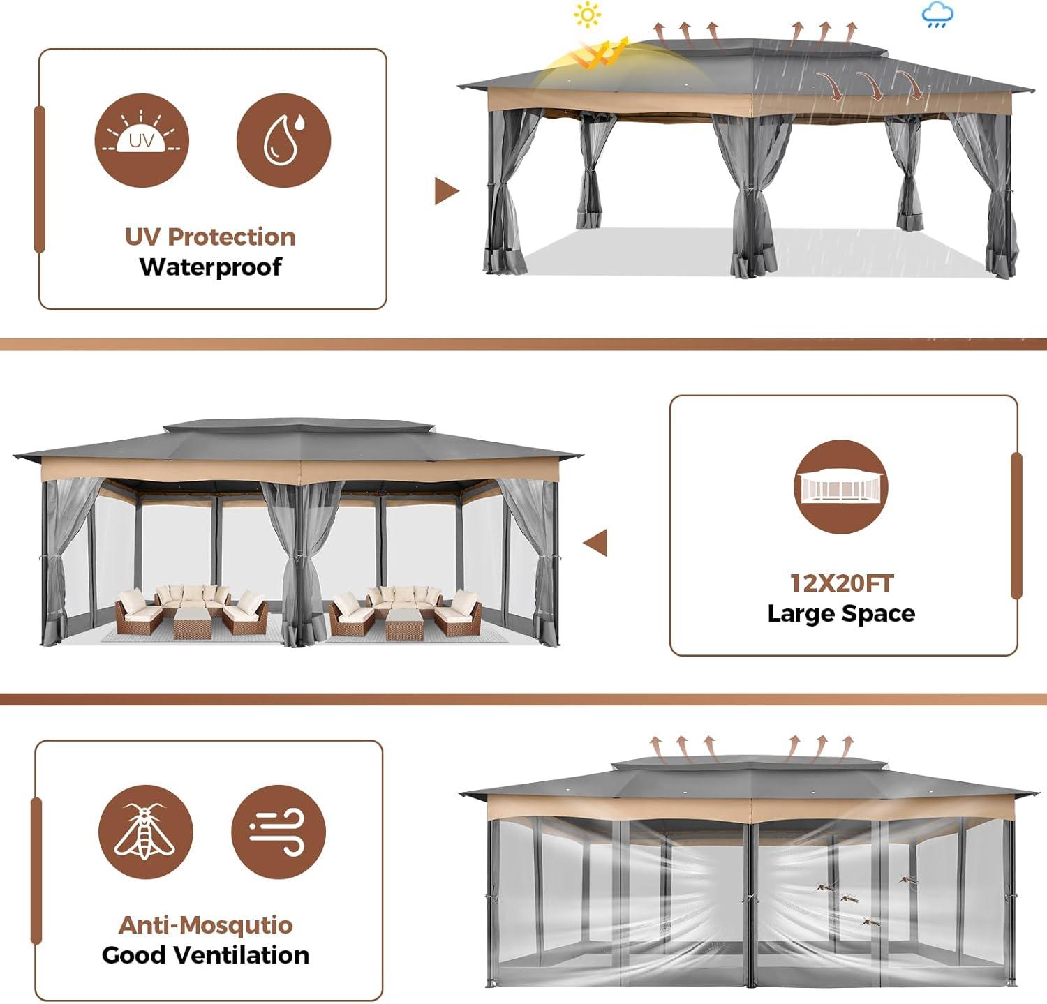 image:imageCOBIZI Gazebo 12x20 Heavy Duty Gazebo with Curtain and Netting Outdoor Gazebo Double Roof Patio Gazebo with Metal Steel Frame Gazebo Tent for Patio Deck Backyard Grey Flat Top Netting