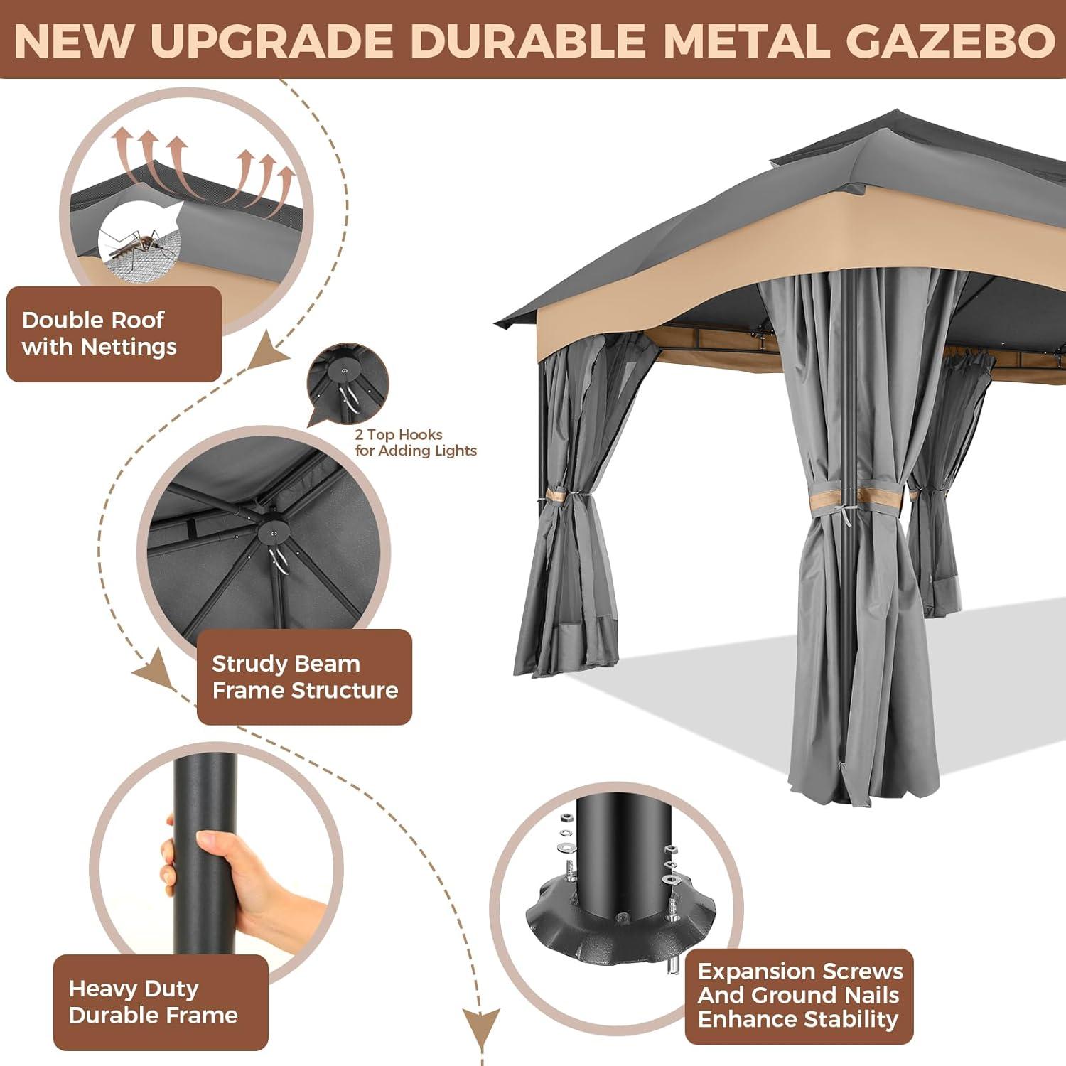 image:imageCOBIZI Gazebo 12x20 Heavy Duty Gazebo with Curtain and Netting Outdoor Gazebo Double Roof Patio Gazebo with Metal Steel Frame Gazebo Tent for Patio Deck Backyard Grey Arc Top Curtain amp Netting
