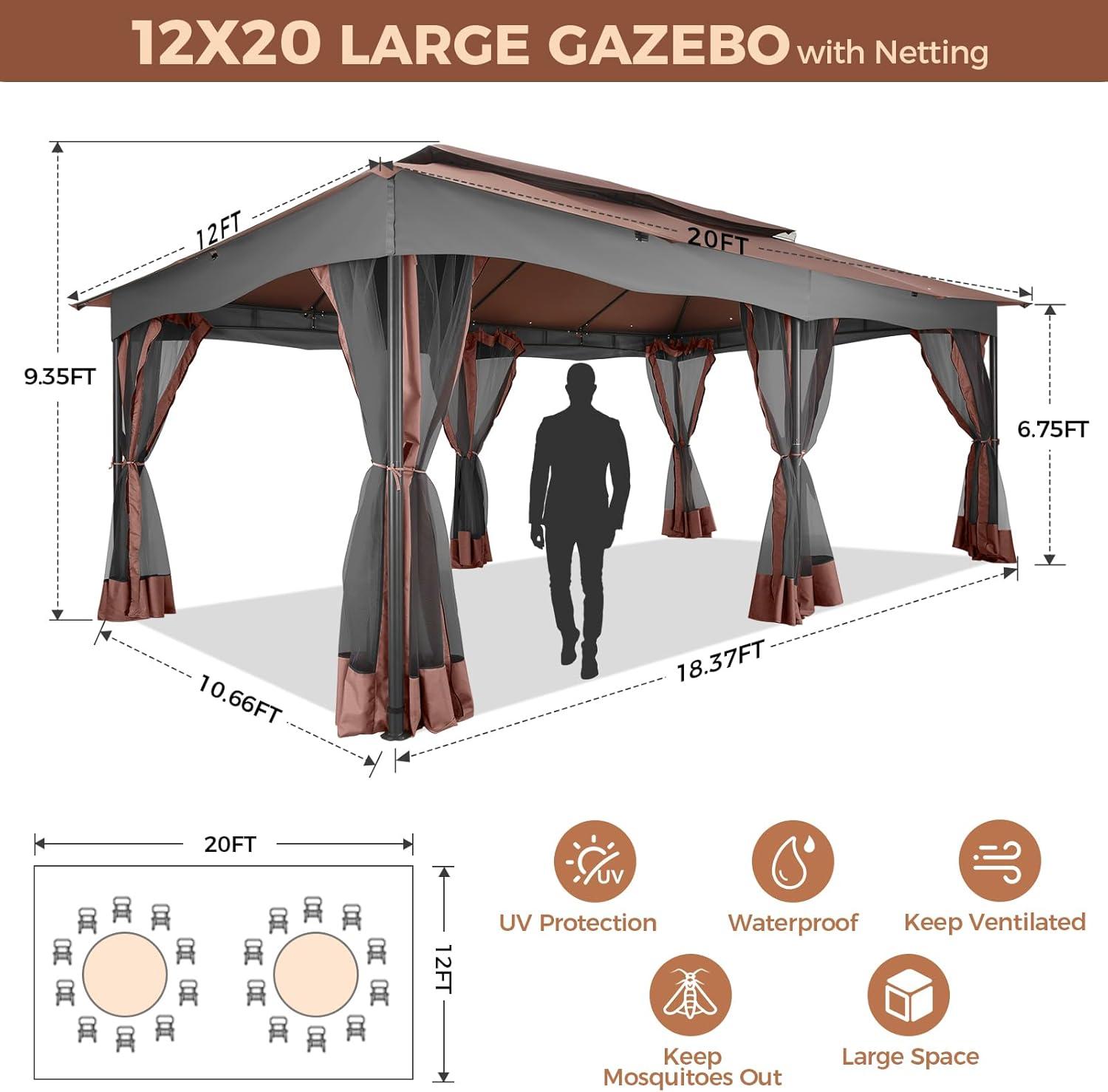 image:imageCOBIZI Gazebo 12x20 Heavy Duty Gazebo with Curtain and Netting Outdoor Gazebo Double Roof Patio Gazebo with Metal Steel Frame Gazebo Tent for Patio Deck Backyard Brown Flat Top Nettings