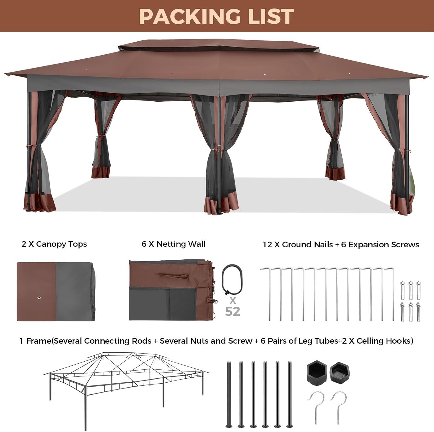 image:imageCOBIZI Gazebo 12x20 Heavy Duty Gazebo with Curtain and Netting Outdoor Gazebo Double Roof Patio Gazebo with Metal Steel Frame Gazebo Tent for Patio Deck Backyard Brown Flat Top Nettings