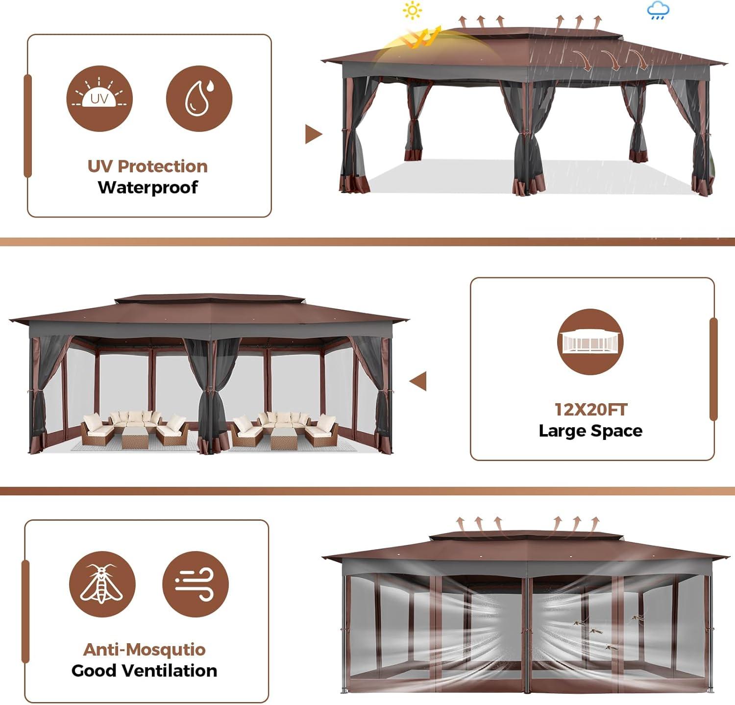image:imageCOBIZI Gazebo 12x20 Heavy Duty Gazebo with Curtain and Netting Outdoor Gazebo Double Roof Patio Gazebo with Metal Steel Frame Gazebo Tent for Patio Deck Backyard Brown Flat Top Nettings