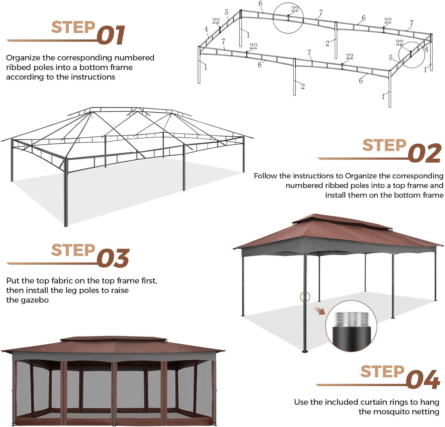 image:imageCOBIZI Gazebo 12x20 Heavy Duty Gazebo with Curtain and Netting Outdoor Gazebo Double Roof Patio Gazebo with Metal Steel Frame Gazebo Tent for Patio Deck Backyard Brown Flat Top Nettings