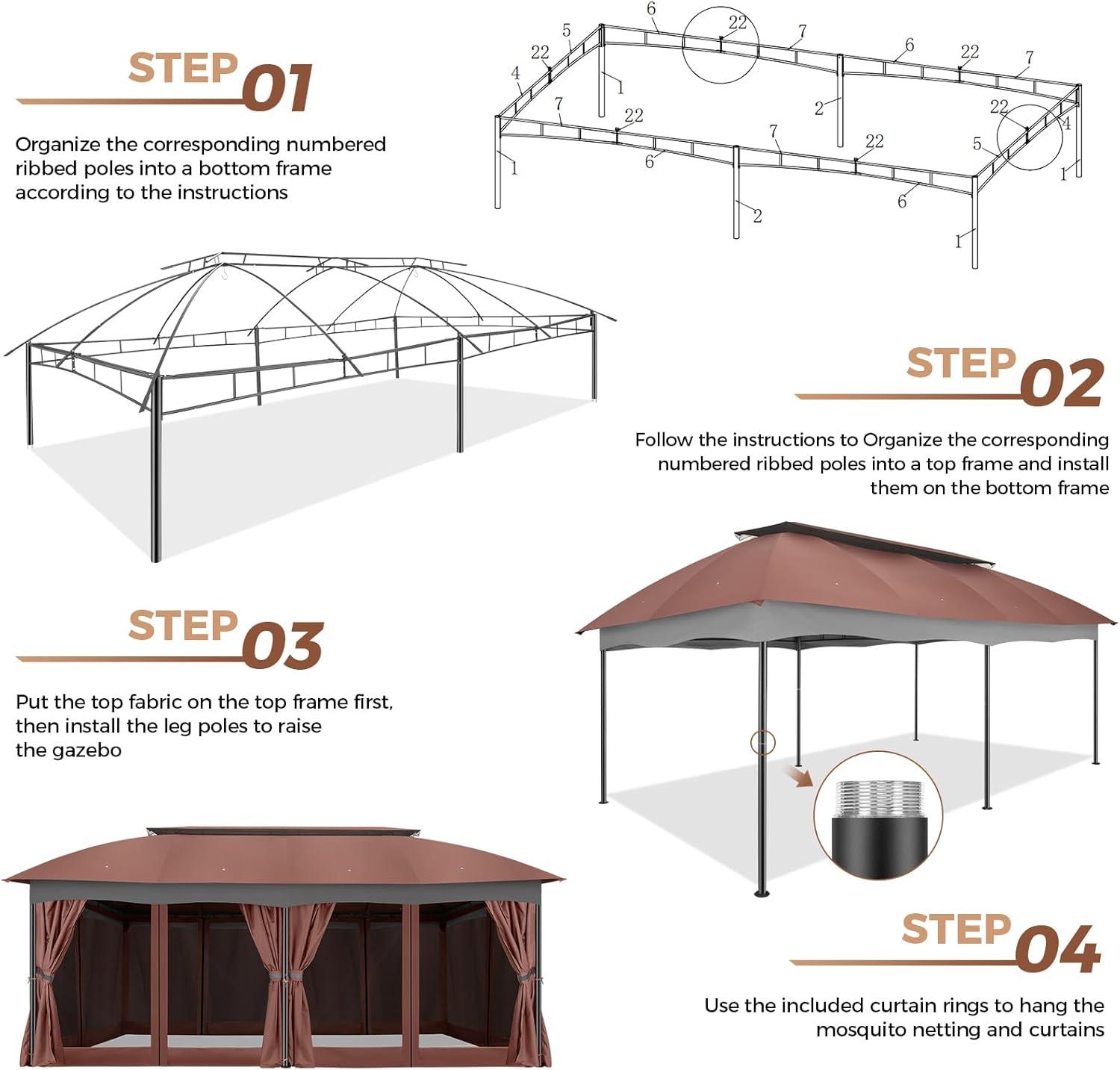image:imageCOBIZI Gazebo 12x20 Heavy Duty Gazebo with Curtain and Netting Outdoor Gazebo Double Roof Patio Gazebo with Metal Steel Frame Gazebo Tent for Patio Deck Backyard Brown Arc Top Curtain amp Netting