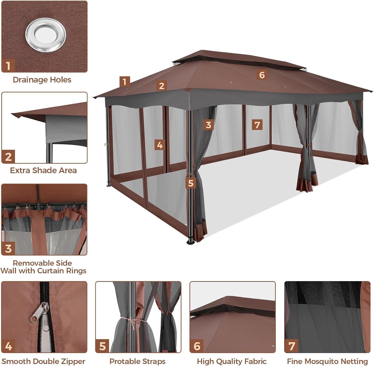 image:imageCOBIZI Gazebo 12x20 Heavy Duty Gazebo with Curtain and Netting Outdoor Gazebo Double Roof Patio Gazebo with Metal Steel Frame Gazebo Tent for Patio Deck Backyard Brown Flat Top Nettings