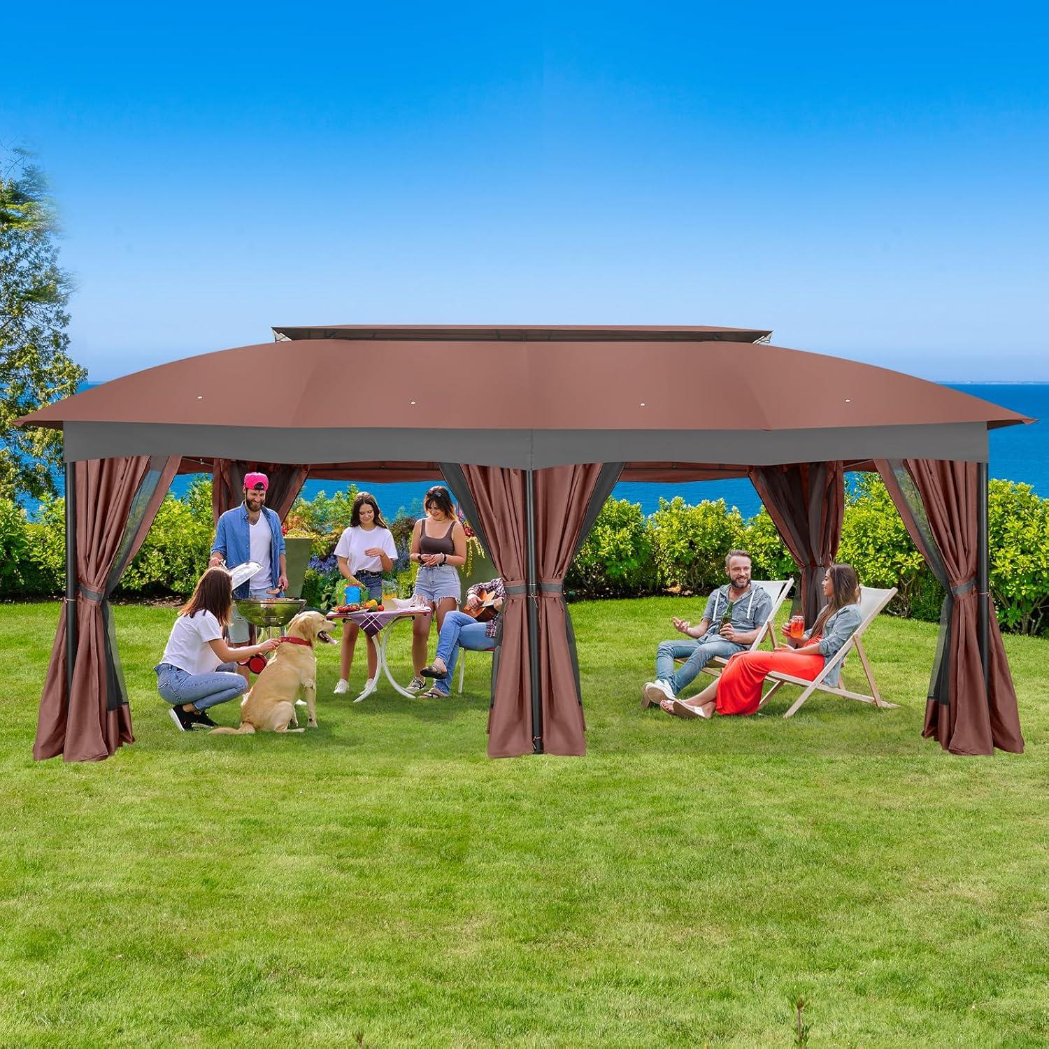 image:imageCOBIZI Gazebo 12x20 Heavy Duty Gazebo with Curtain and Netting Outdoor Gazebo Double Roof Patio Gazebo with Metal Steel Frame Gazebo Tent for Patio Deck Backyard Brown Arc Top Curtain amp Netting