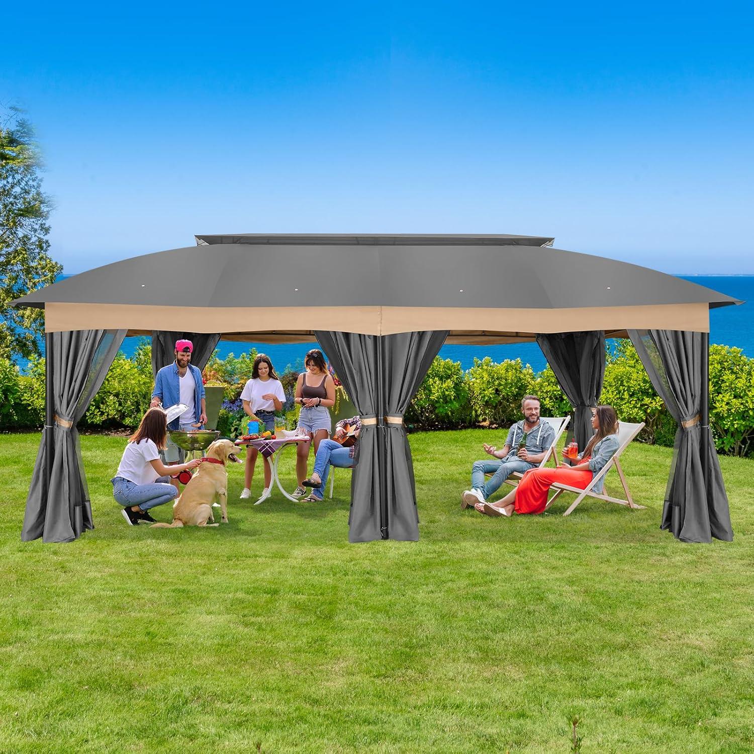 image:imageCOBIZI Gazebo 12x20 Heavy Duty Gazebo with Curtain and Netting Outdoor Gazebo Double Roof Patio Gazebo with Metal Steel Frame Gazebo Tent for Patio Deck Backyard Grey Arc Top Curtain amp Netting