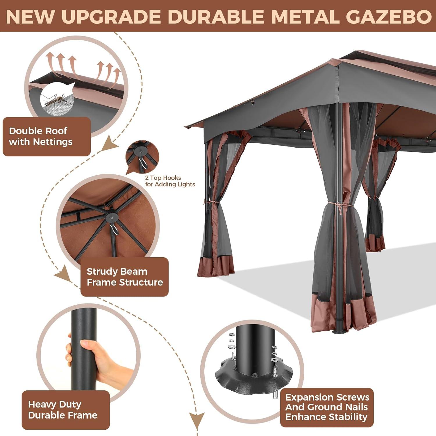 image:imageCOBIZI Gazebo 12x20 Heavy Duty Gazebo with Curtain and Netting Outdoor Gazebo Double Roof Patio Gazebo with Metal Steel Frame Gazebo Tent for Patio Deck Backyard Brown Flat Top Nettings