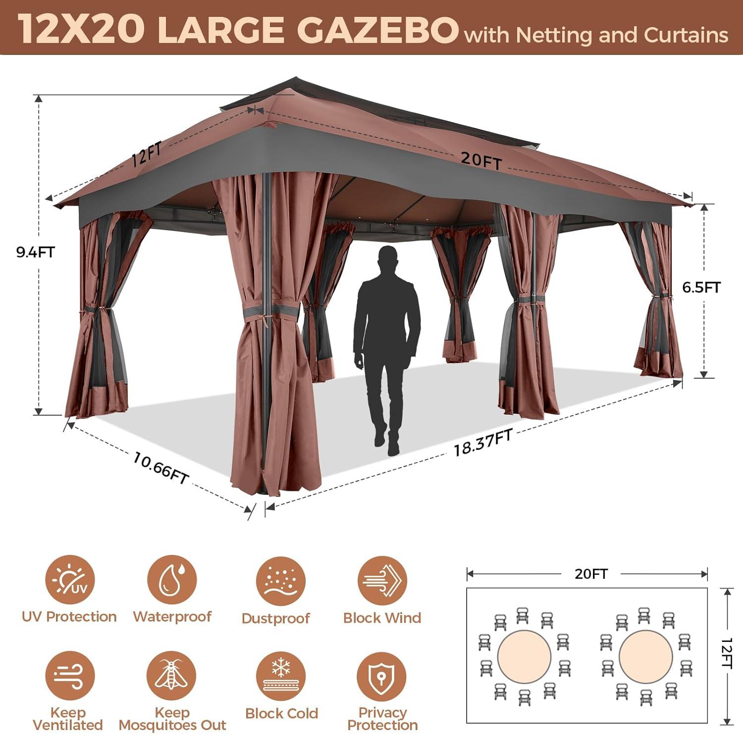 image:imageCOBIZI Gazebo 12x20 Heavy Duty Gazebo with Curtain and Netting Outdoor Gazebo Double Roof Patio Gazebo with Metal Steel Frame Gazebo Tent for Patio Deck Backyard Brown Arc Top Curtain amp Netting