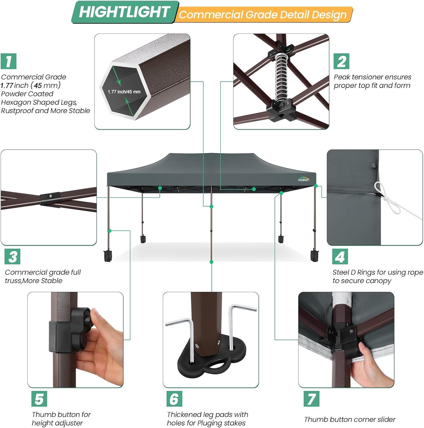 image:imageCOBIZI Heavy Duty 10x20 Pop up Canopy Tent with 6 Sidewalls Commercial Instant Canopies Tents for Parties Waterproof Gazebos with Roller Bag All Season Wind amp Waterproof UPF50Thickened Frame