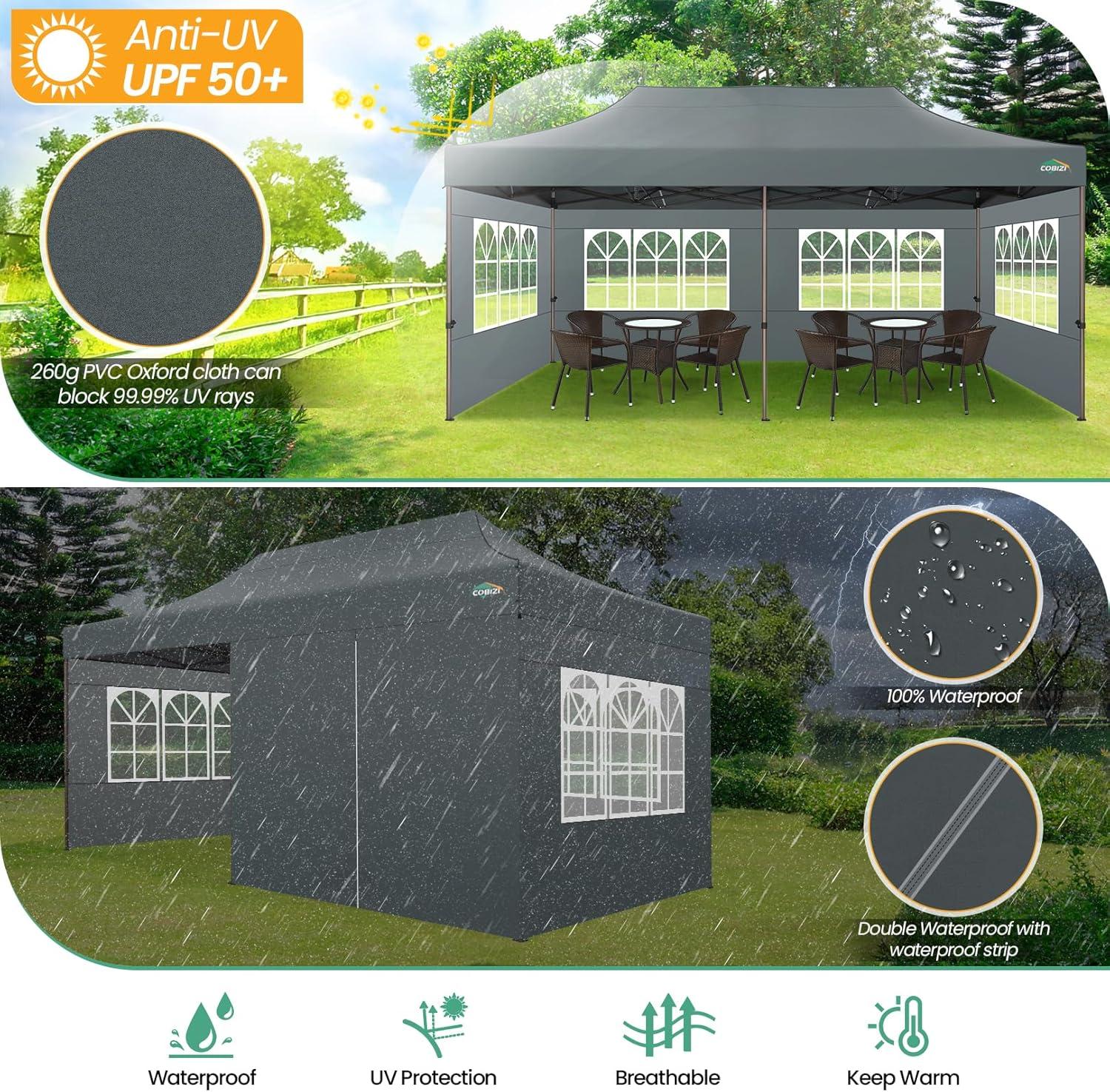 image:imageCOBIZI Heavy Duty 10x20 Pop up Canopy Tent with 6 Sidewalls Commercial Instant Canopies Tents for Parties Waterproof Gazebos with Roller Bag All Season Wind amp Waterproof UPF50Thickened Frame