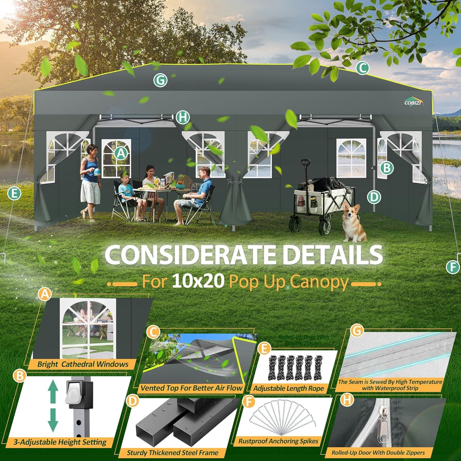 image:imageCOBIZI Heavy Duty 10x20 Pop up Canopy Tent with 6 Sidewalls Commercial Instant Canopies Tents for Parties Waterproof Gazebos with Roller Bag All Season Wind amp Waterproof UPF50Thickened FrameGrey1year warranty