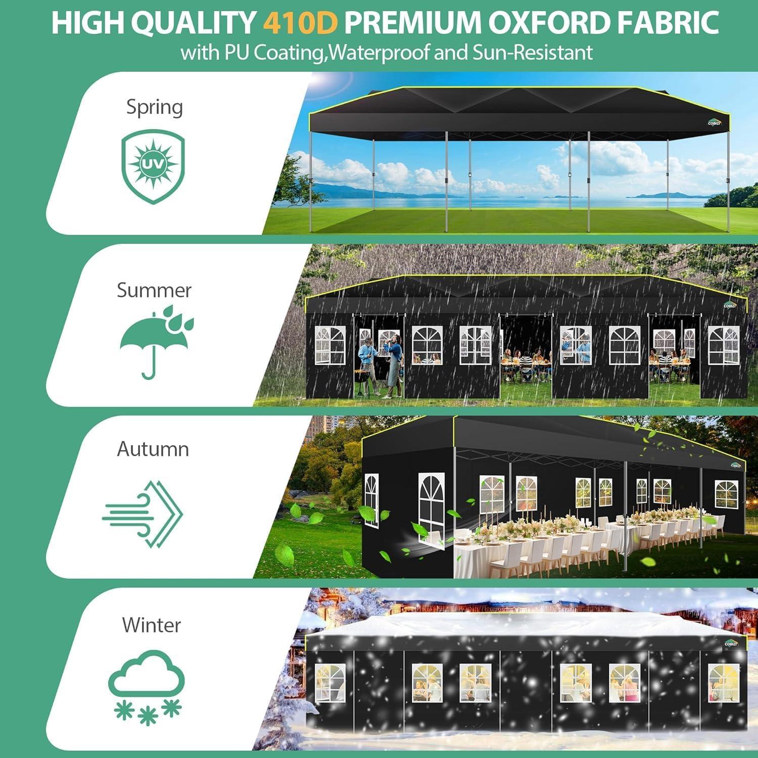 image:imageCOBIZI Heavy Duty 10x20 Pop up Canopy Tent with 6 Sidewalls Commercial Instant Canopies Tents for Parties Waterproof Gazebos with Roller Bag All Season Wind amp Waterproof UPF50Thickened FrameBlack1year warranty