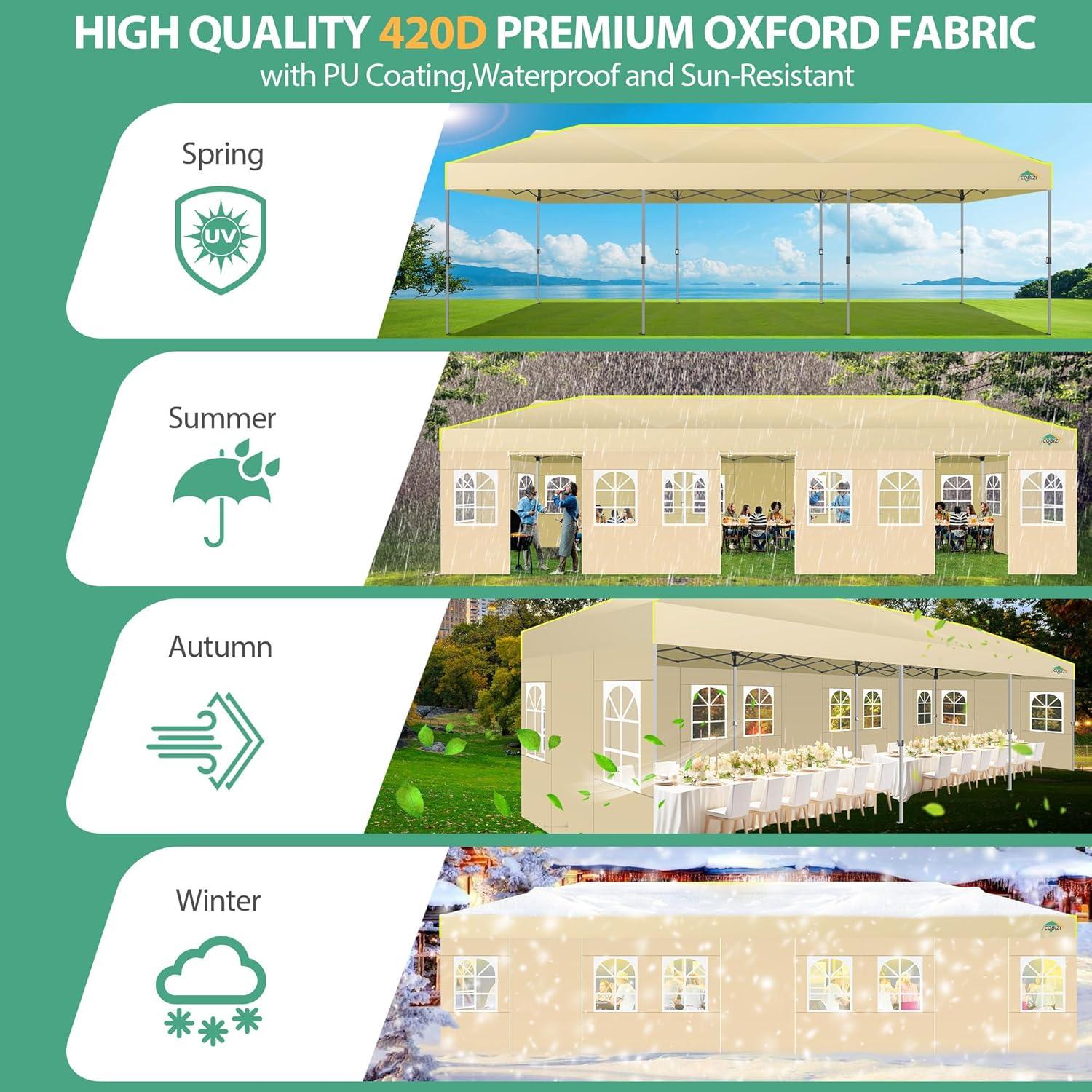 image:imageCOBIZI Heavy Duty 10x20 Pop up Canopy Tent with 6 Sidewalls Commercial Instant Canopies Tents for Parties Waterproof Gazebos with Roller Bag All Season Wind amp Waterproof UPF50Thickened FrameKhaki1year warranty