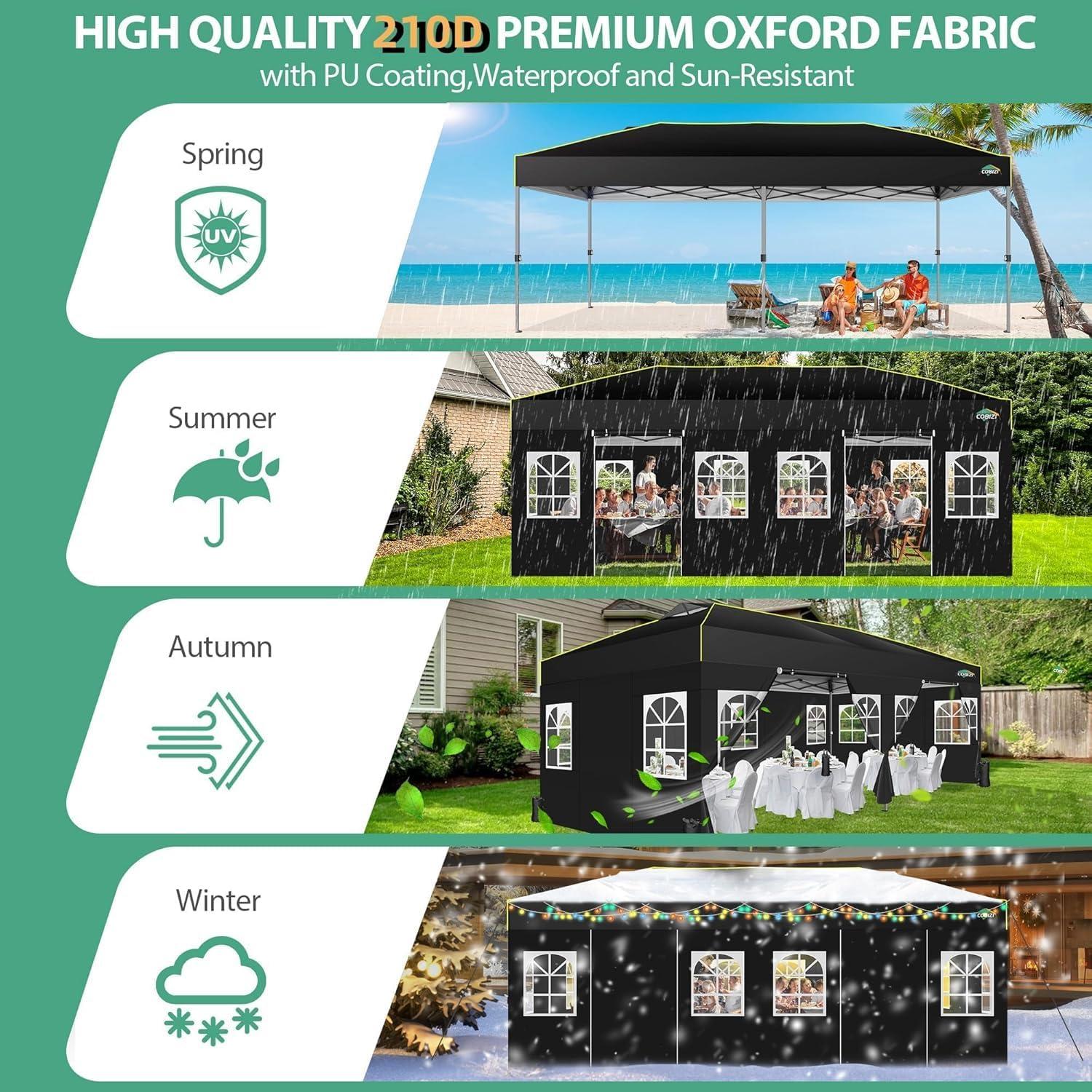 image:imageCOBIZI Heavy Duty 10x20 Pop up Canopy Tent with 6 Sidewalls Commercial Instant Canopies Tents for Parties Waterproof Gazebos with Roller Bag All Season Wind amp Waterproof UPF50Thickened FrameBlack1year warranty