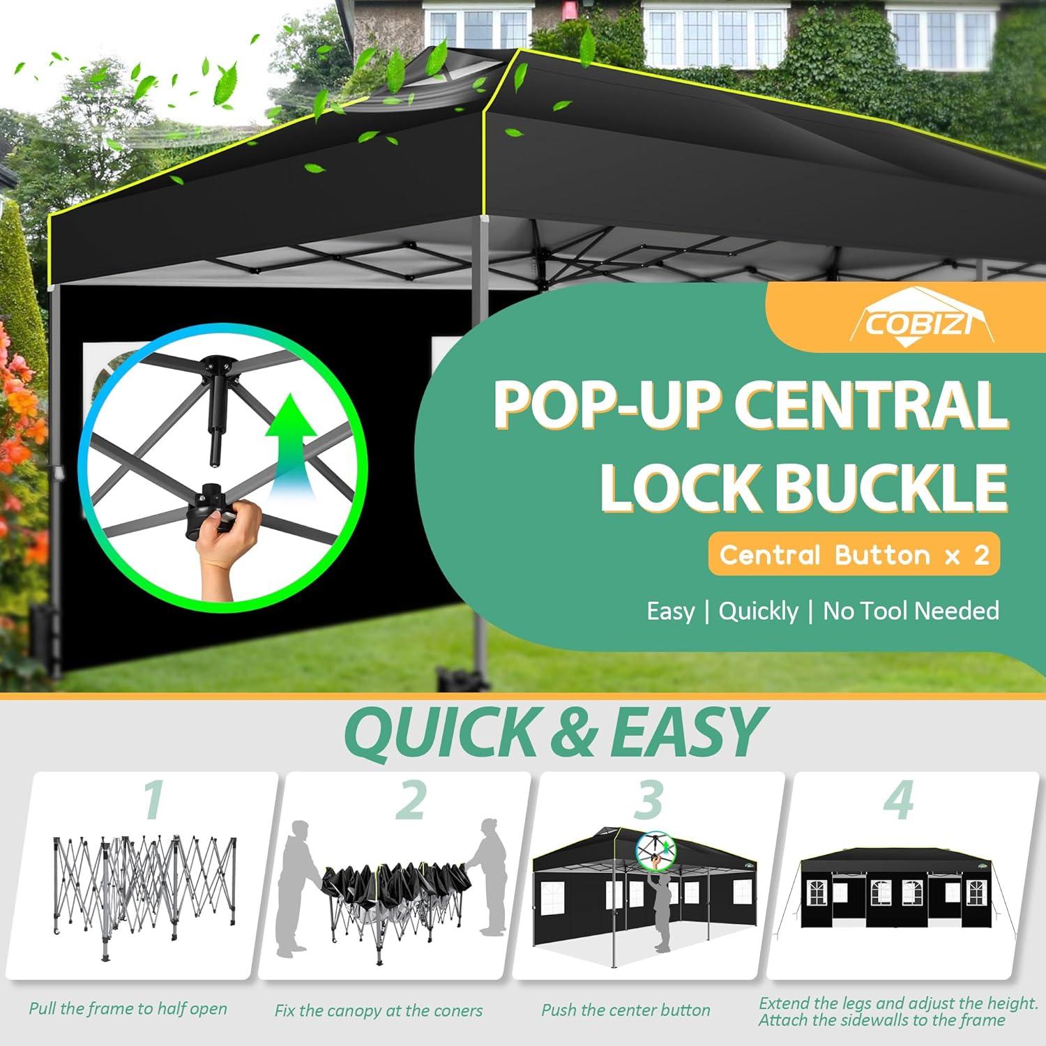 image:imageCOBIZI Heavy Duty 10x20 Pop up Canopy Tent with 6 Sidewalls Commercial Instant Canopies Tents for Parties Waterproof Gazebos with Roller Bag All Season Wind amp Waterproof UPF50Thickened FrameBlack1year warranty