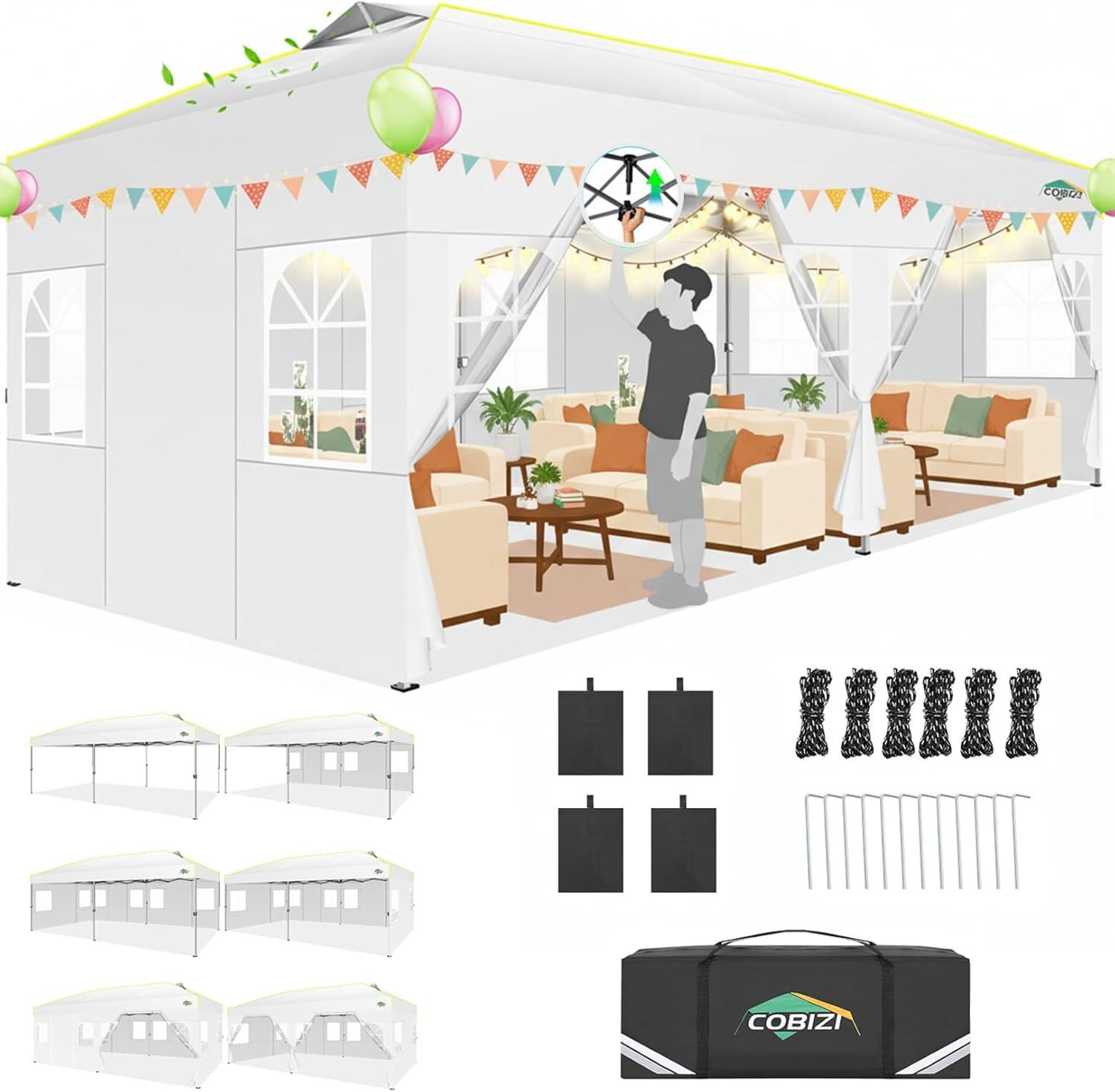 image:imageCOBIZI Heavy Duty 10x20 Pop up Canopy Tent with 6 Sidewalls Commercial Instant Canopies Tents for Parties Waterproof Gazebos with Roller Bag All Season Wind amp Waterproof UPF50Thickened FrameWhite1year warranty