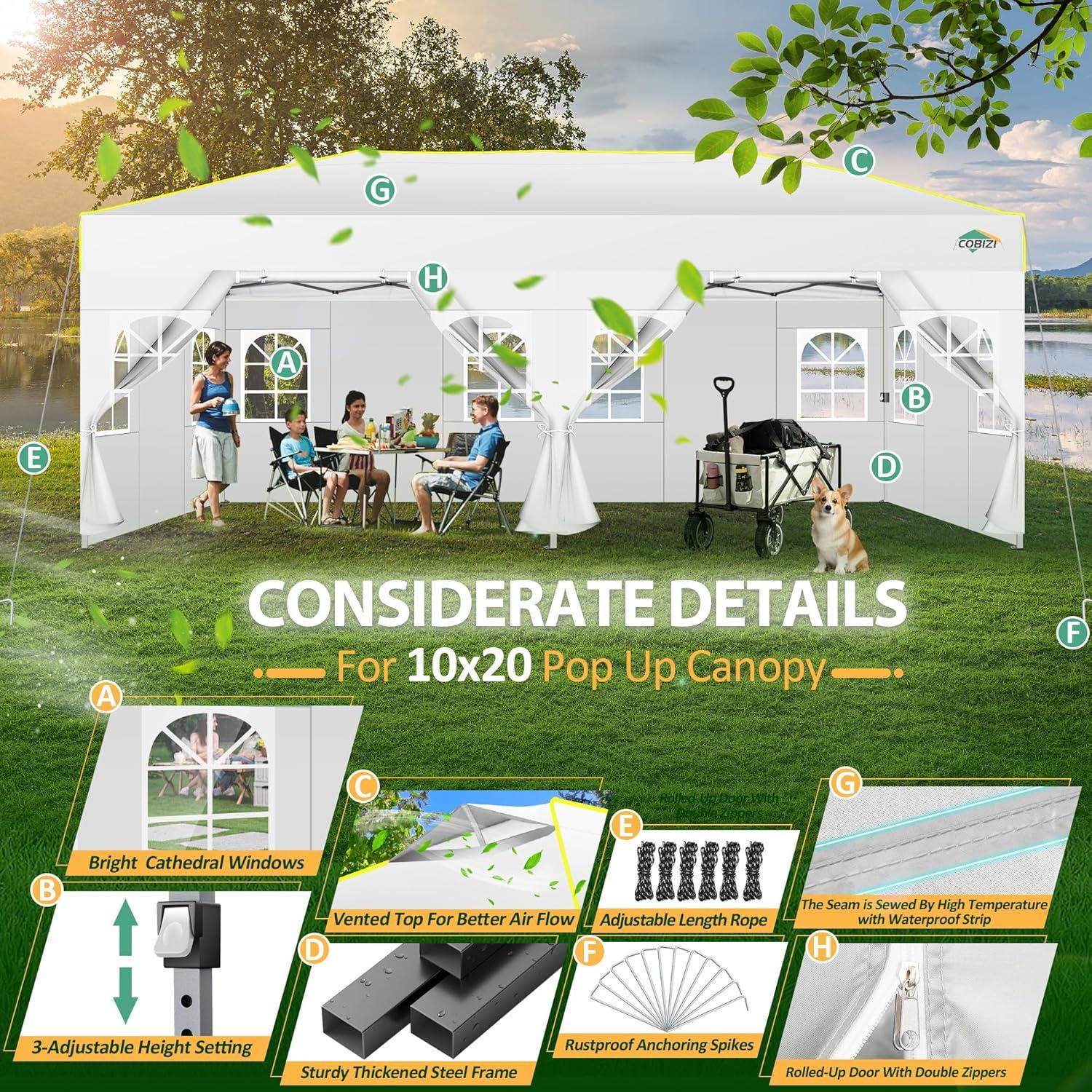 image:imageCOBIZI Heavy Duty 10x20 Pop up Canopy Tent with 6 Sidewalls Commercial Instant Canopies Tents for Parties Waterproof Gazebos with Roller Bag All Season Wind amp Waterproof UPF50Thickened FrameWhite1year warranty