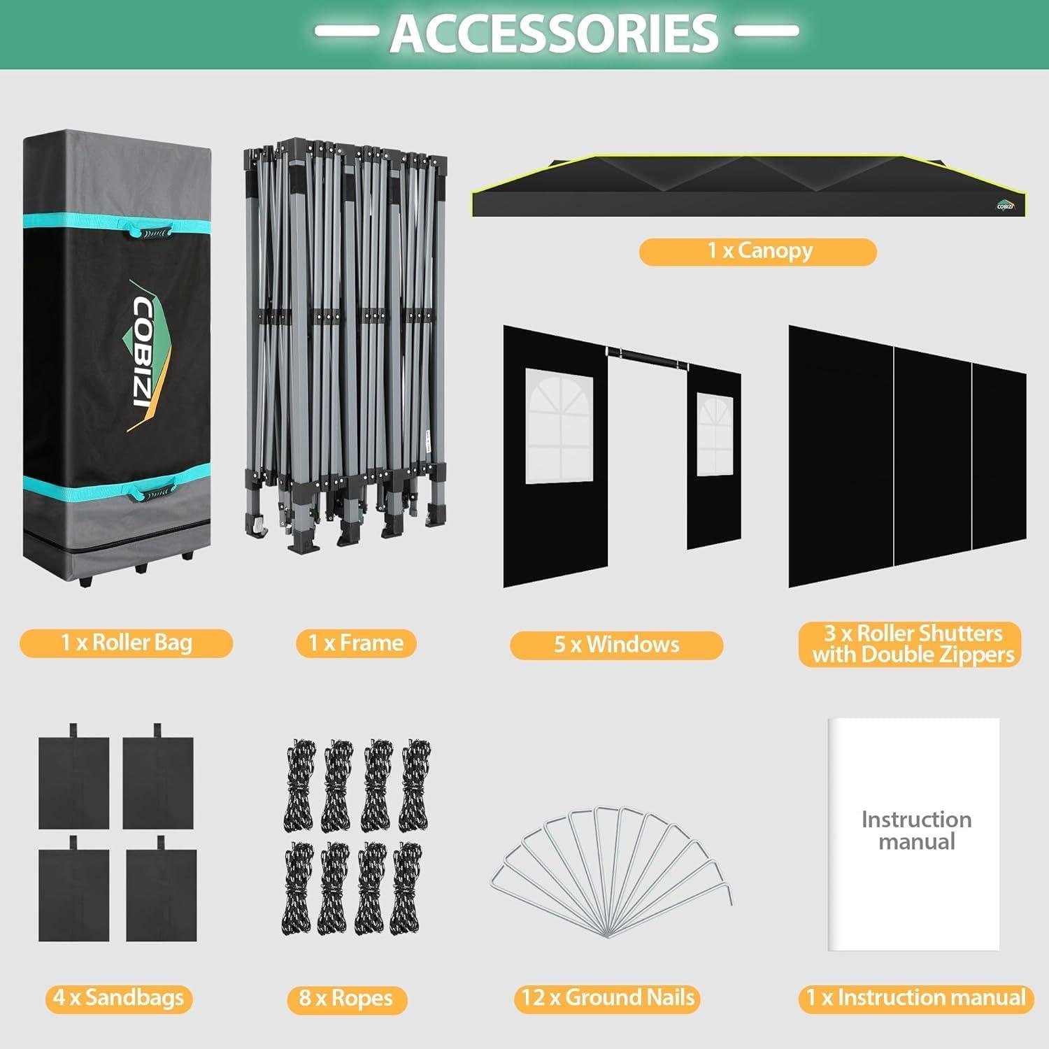 image:imageCOBIZI Heavy Duty 10x20 Pop up Canopy Tent with 6 Sidewalls Commercial Instant Canopies Tents for Parties Waterproof Gazebos with Roller Bag All Season Wind amp Waterproof UPF50Thickened FrameBlack1year warranty