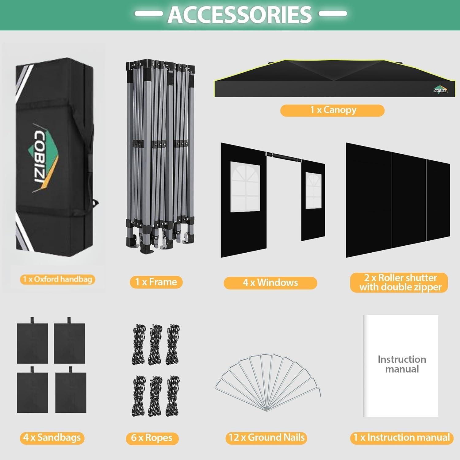 image:imageCOBIZI Heavy Duty 10x20 Pop up Canopy Tent with 6 Sidewalls Commercial Instant Canopies Tents for Parties Waterproof Gazebos with Roller Bag All Season Wind amp Waterproof UPF50Thickened FrameBlack1year warranty