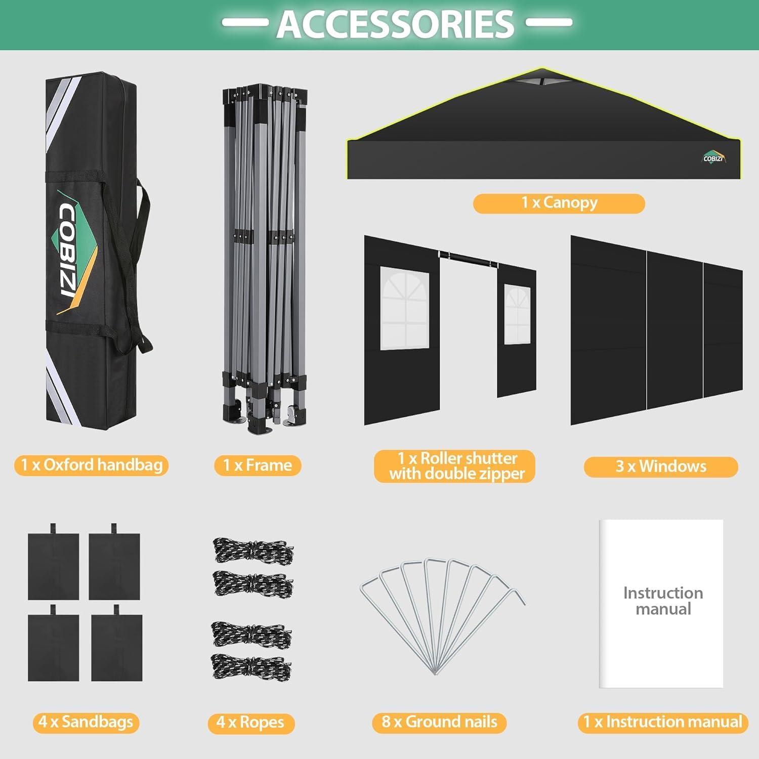 image:imageCOBIZI Heavy Duty 10x20 Pop up Canopy Tent with 6 Sidewalls Commercial Instant Canopies Tents for Parties Waterproof Gazebos with Roller Bag All Season Wind amp Waterproof UPF50Thickened FrameBlack1year warranty