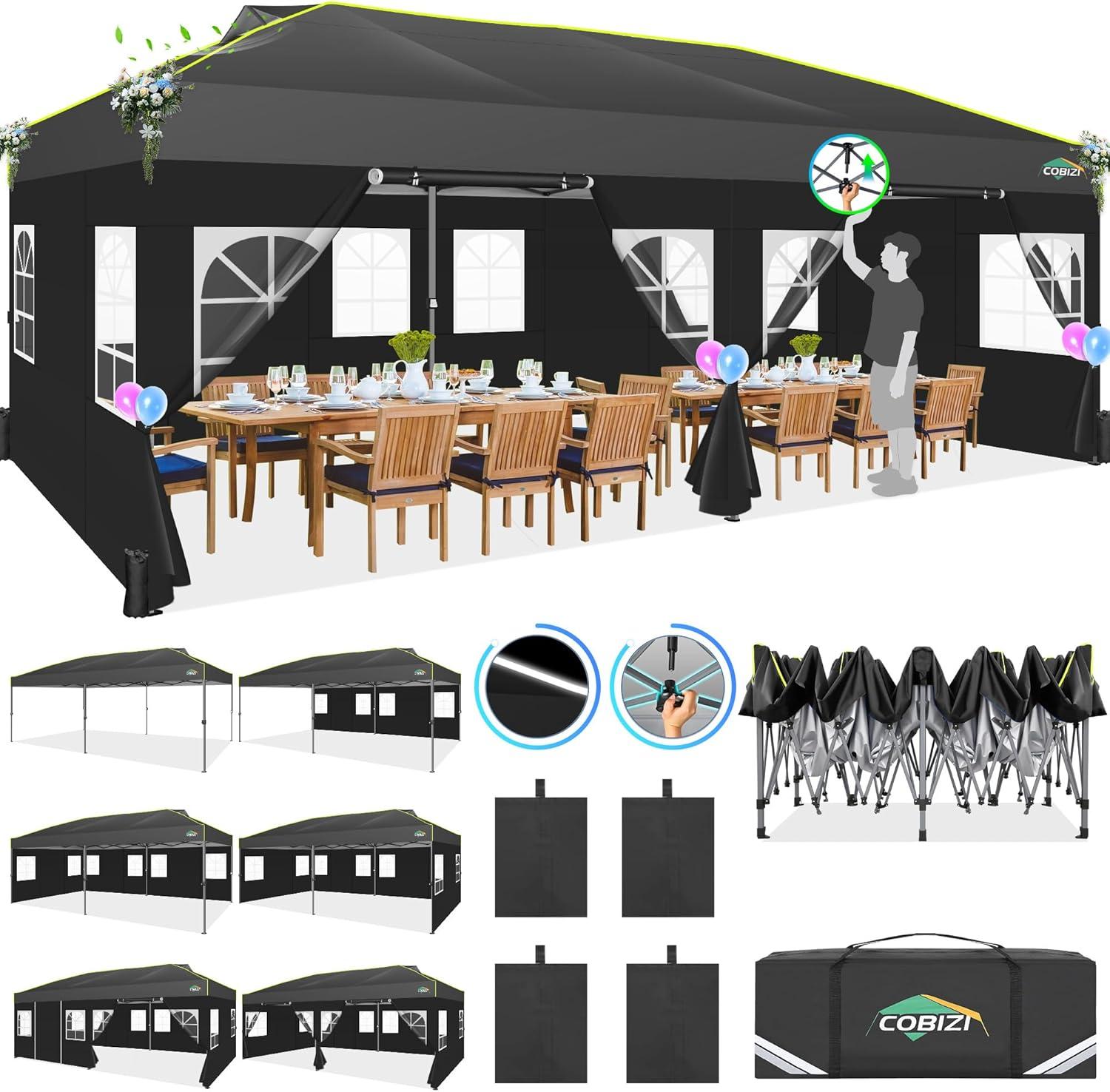 image:imageCOBIZI Heavy Duty 10x20 Pop up Canopy Tent with 6 Sidewalls Commercial Instant Canopies Tents for Parties Waterproof Gazebos with Roller Bag All Season Wind amp Waterproof UPF50Thickened FrameBlack1year warranty