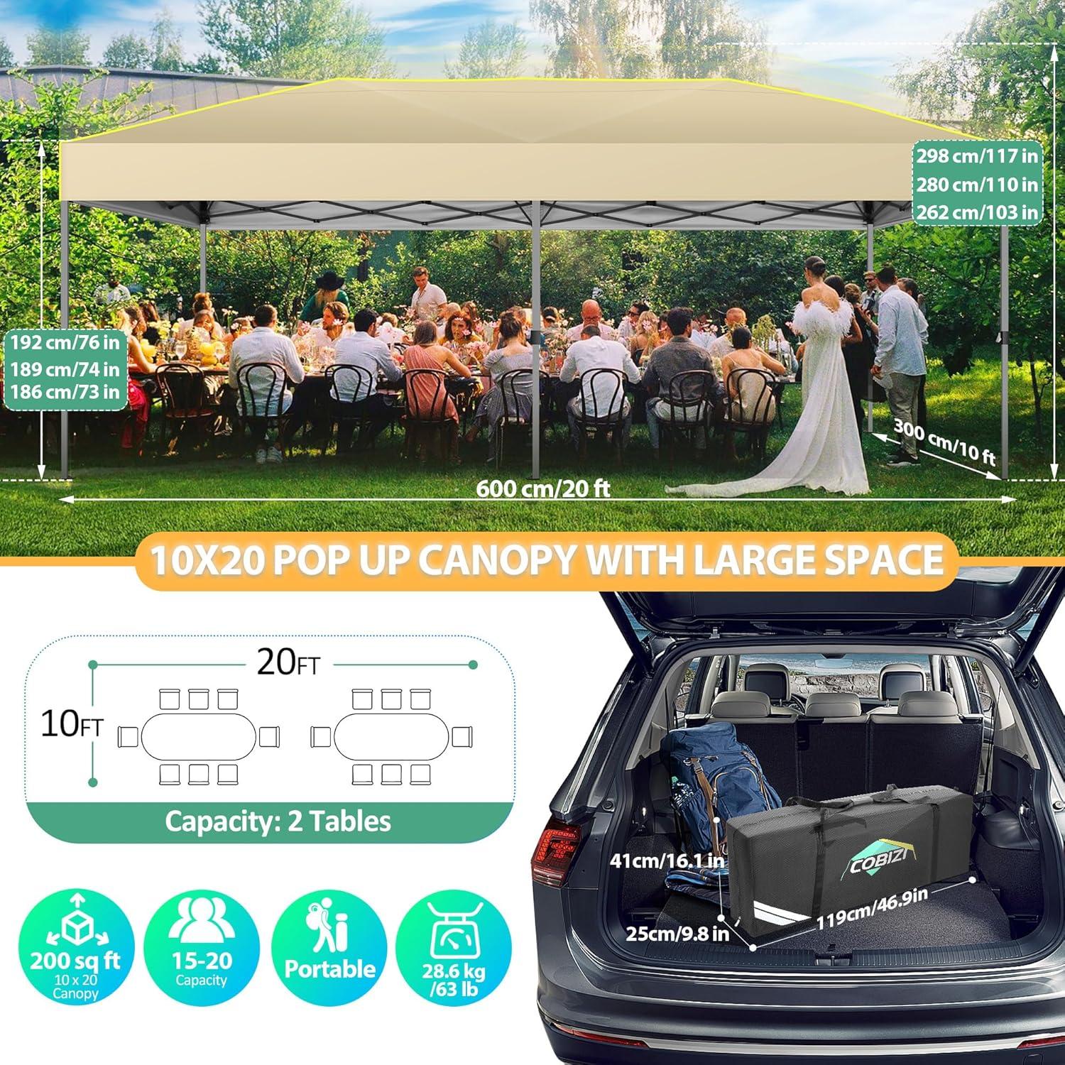 image:imageCOBIZI Heavy Duty 10x20 Pop up Canopy Tent with 6 Sidewalls Commercial Instant Canopies Tents for Parties Waterproof Gazebos with Roller Bag All Season Wind amp Waterproof UPF50Thickened FrameKhaki1year warranty